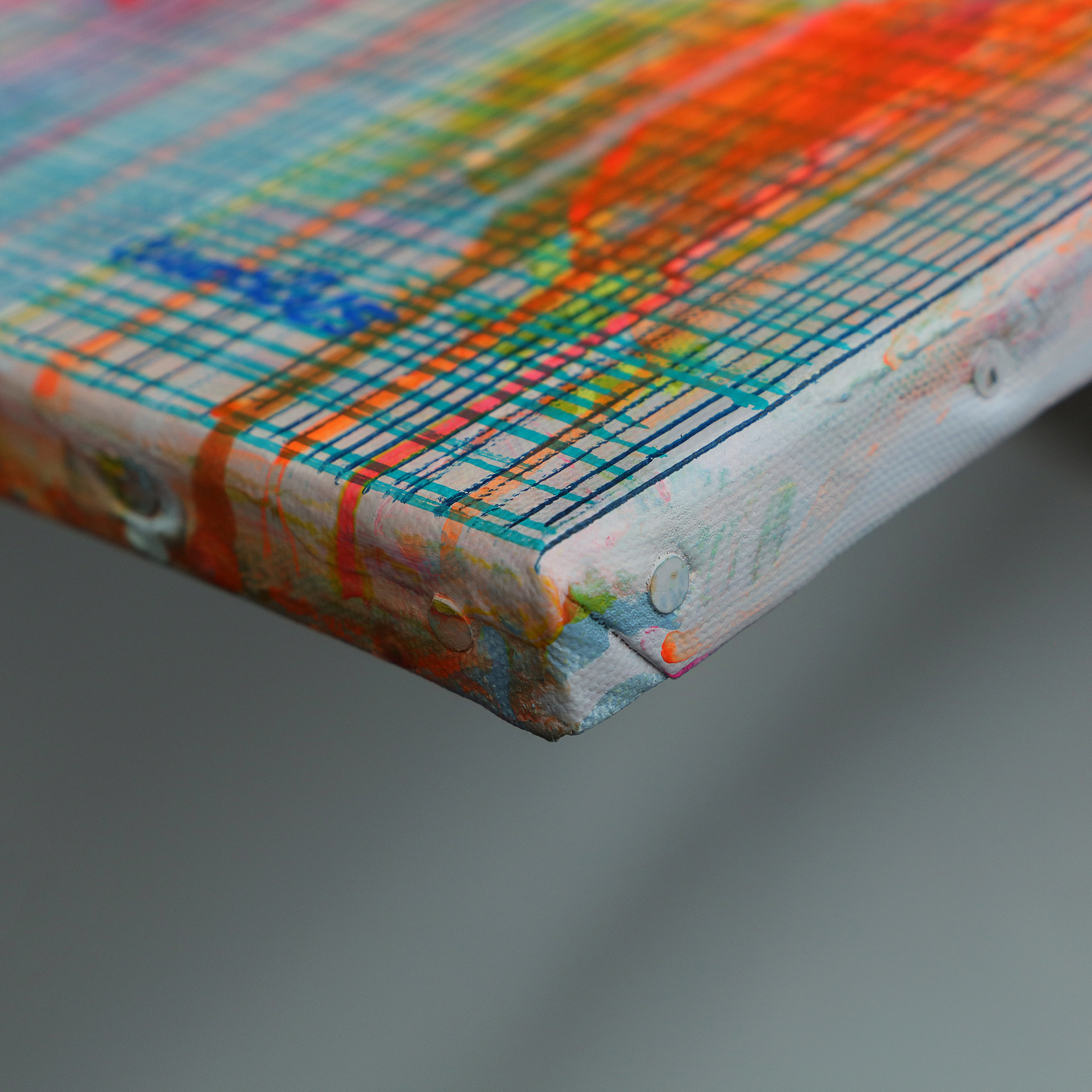 Nahaufnahme XXL XL Gemälde Bild neon pink blau gelb weiss Linien Streifen Kleckse abstrakt