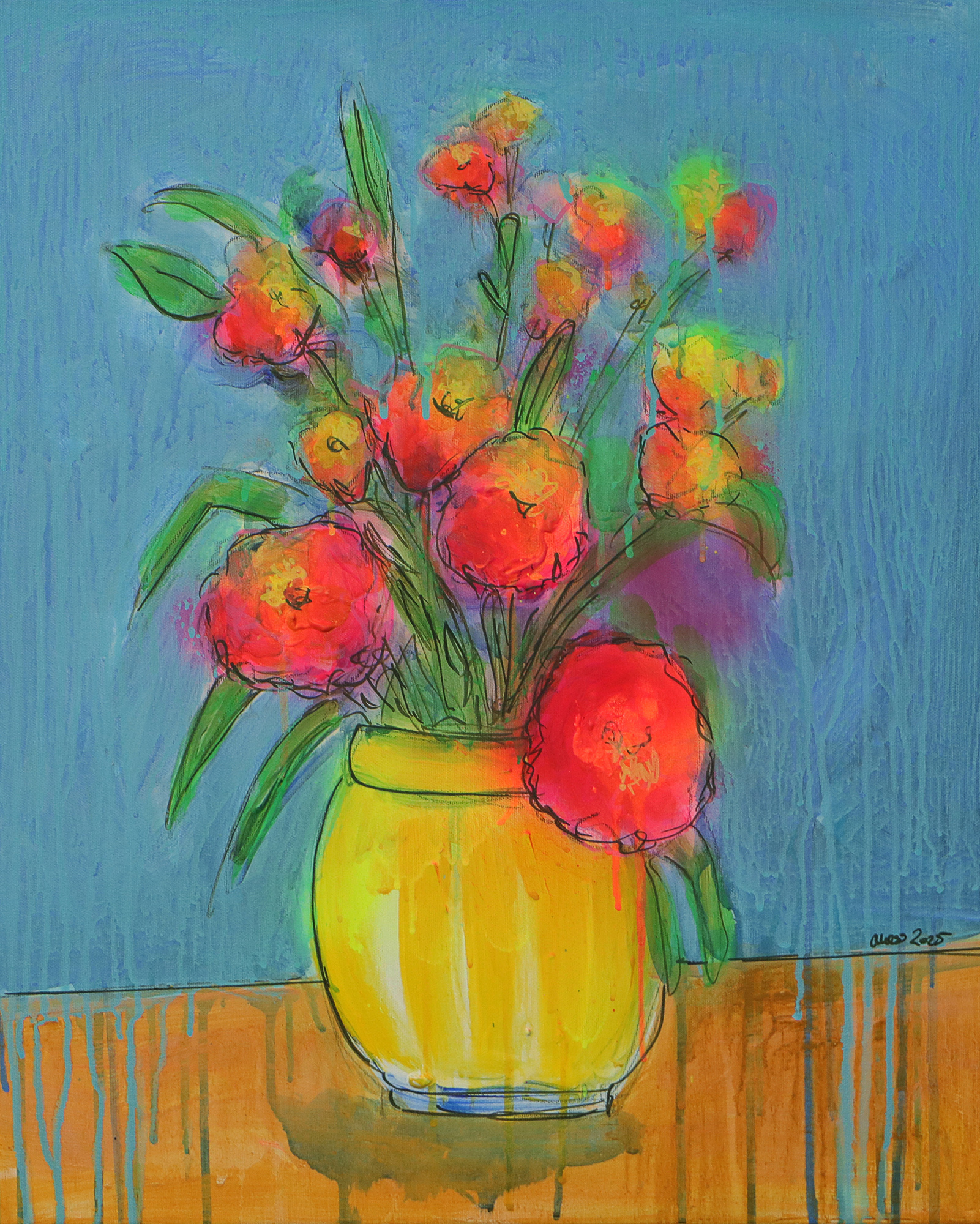 Gemaelde Art Blumen Strauss Bouquet neon rosa pink orange blau Vase gelb Kleckse