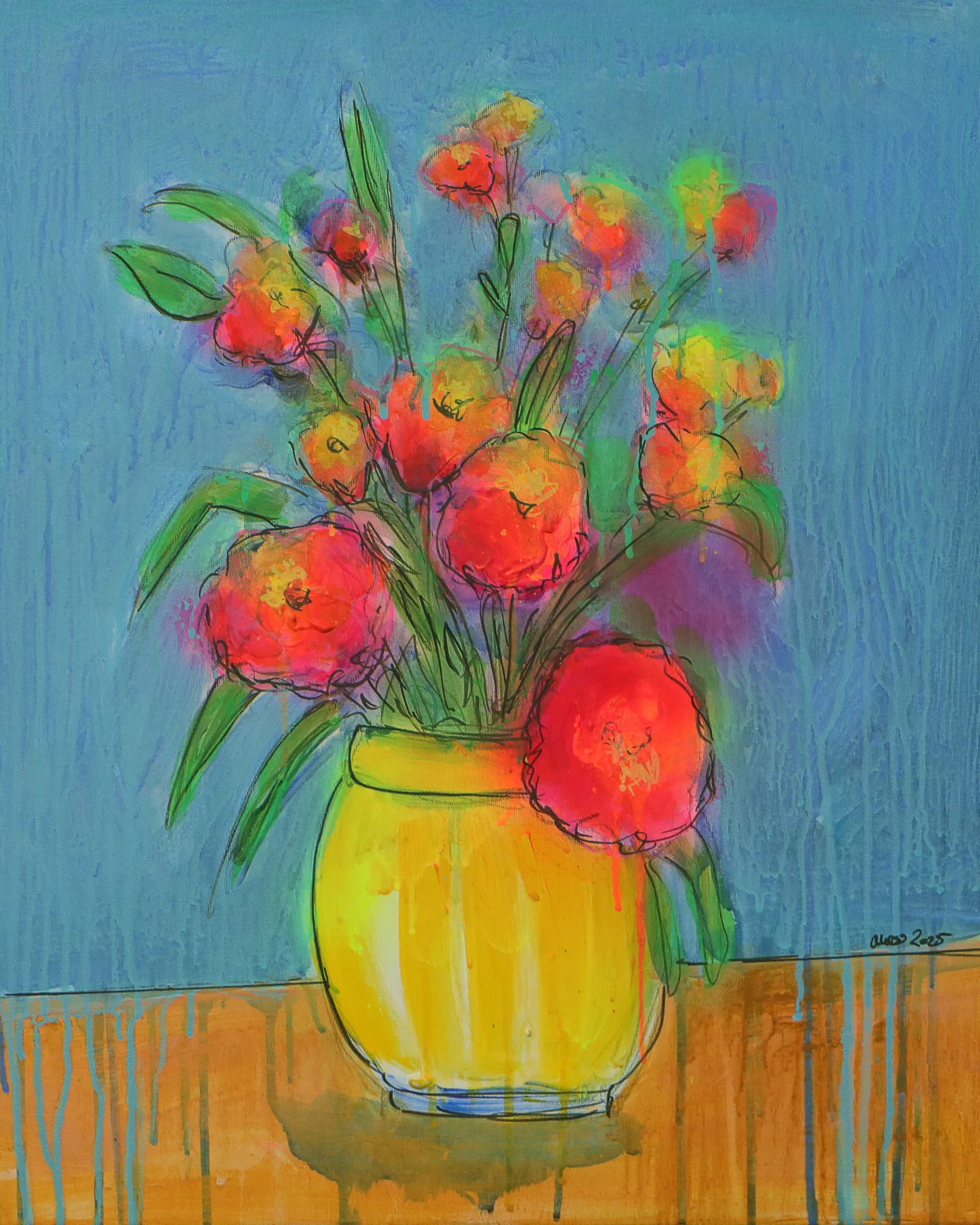 Gemälde Art Blumen Strauss Bouquet neon rosa pink orange blau Vase gelb Kleckse