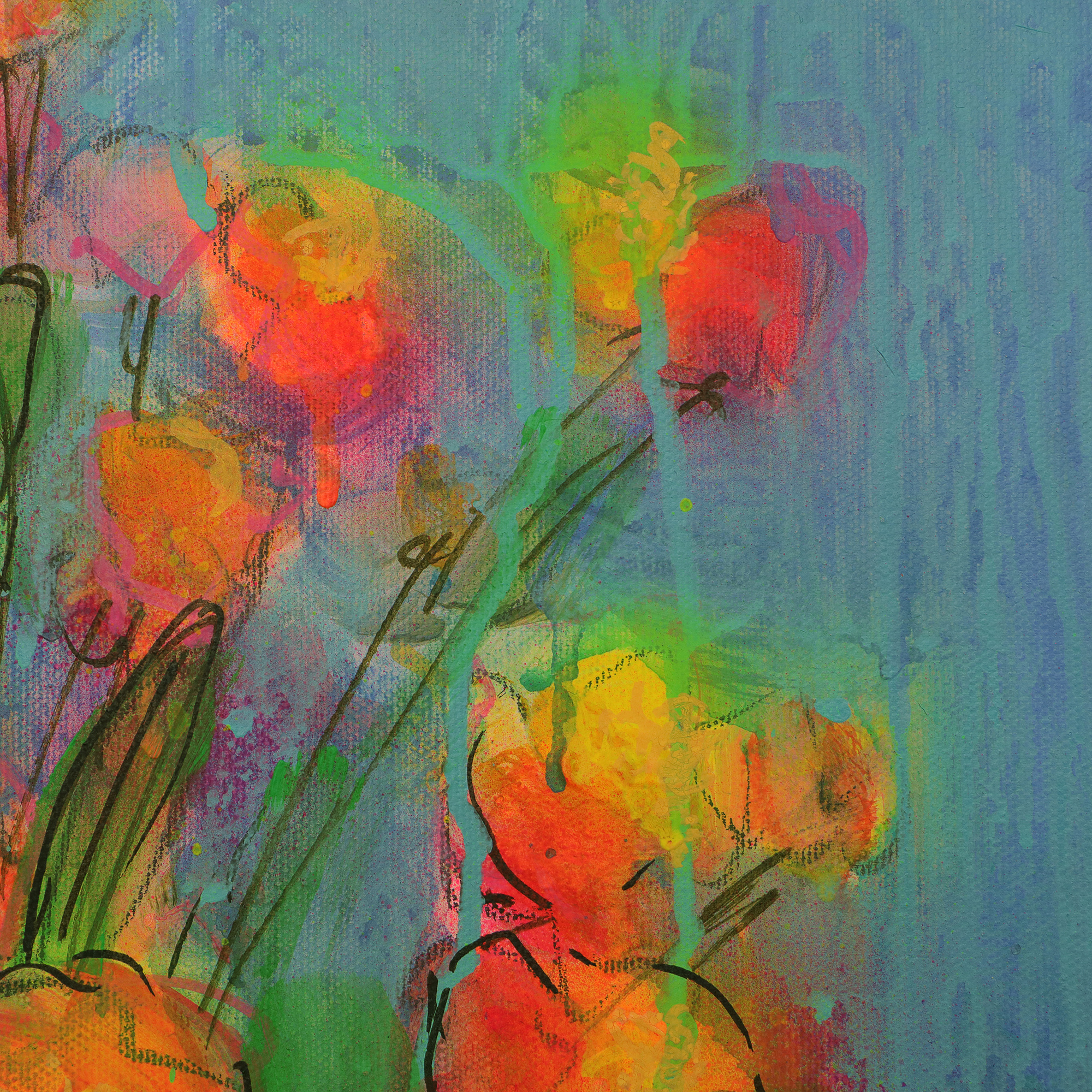 Nahaufnahme Gemaelde Art Blumen Strauss Bouquet neon rosa pink orange blau Vase gelb Kleckse