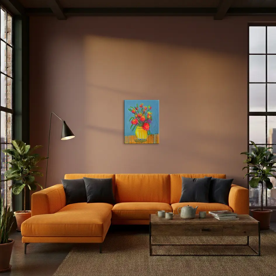 Wandbild für modernes Wohndesign Gemälde Art Blumen Strauss Bouquet neon rosa pink orange blau Vase gelb Kleckse