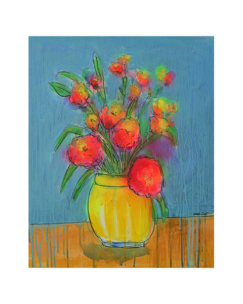 Gemaelde Art Blumen Strauss Bouquet neon rosa pink orange blau Vase gelb Kleckse
