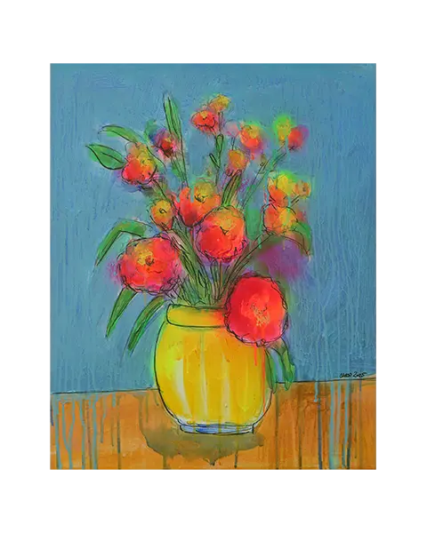 Gemälde Art Blumen Strauss Bouquet neon rosa pink orange blau Vase gelb Kleckse