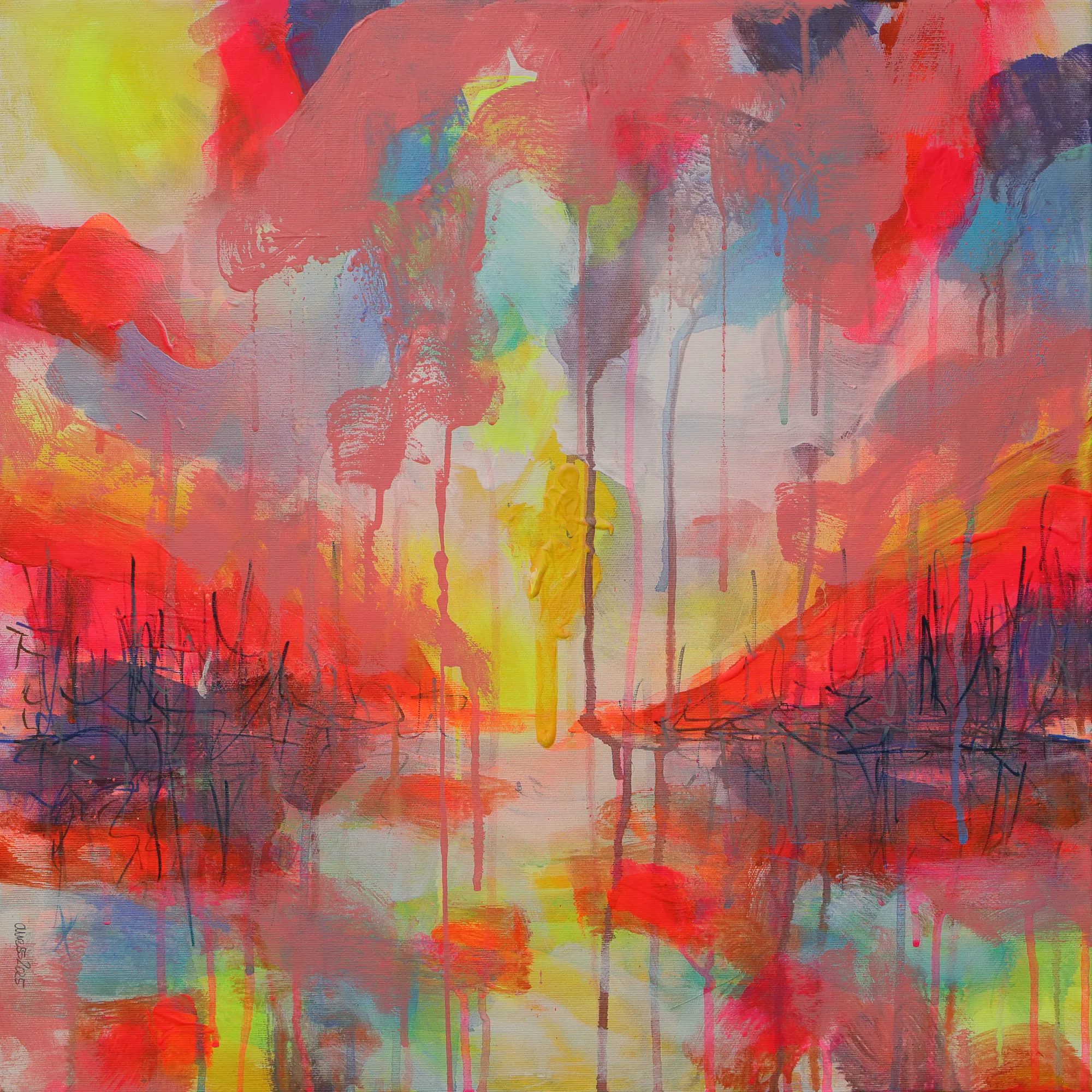 Gemälde neon gelb rosa orange Landschaft Meer Strand Segel Boot Berge Kleckse