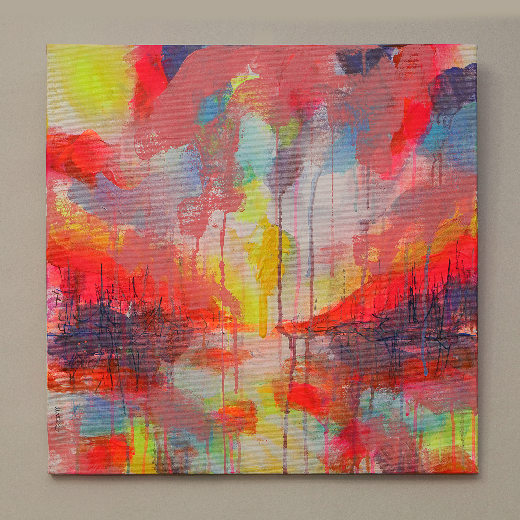 Nahaufnahme Gemaelde neon gelb rosa orange Landschaft Meer Strand Segel Boot Berge Kleckse