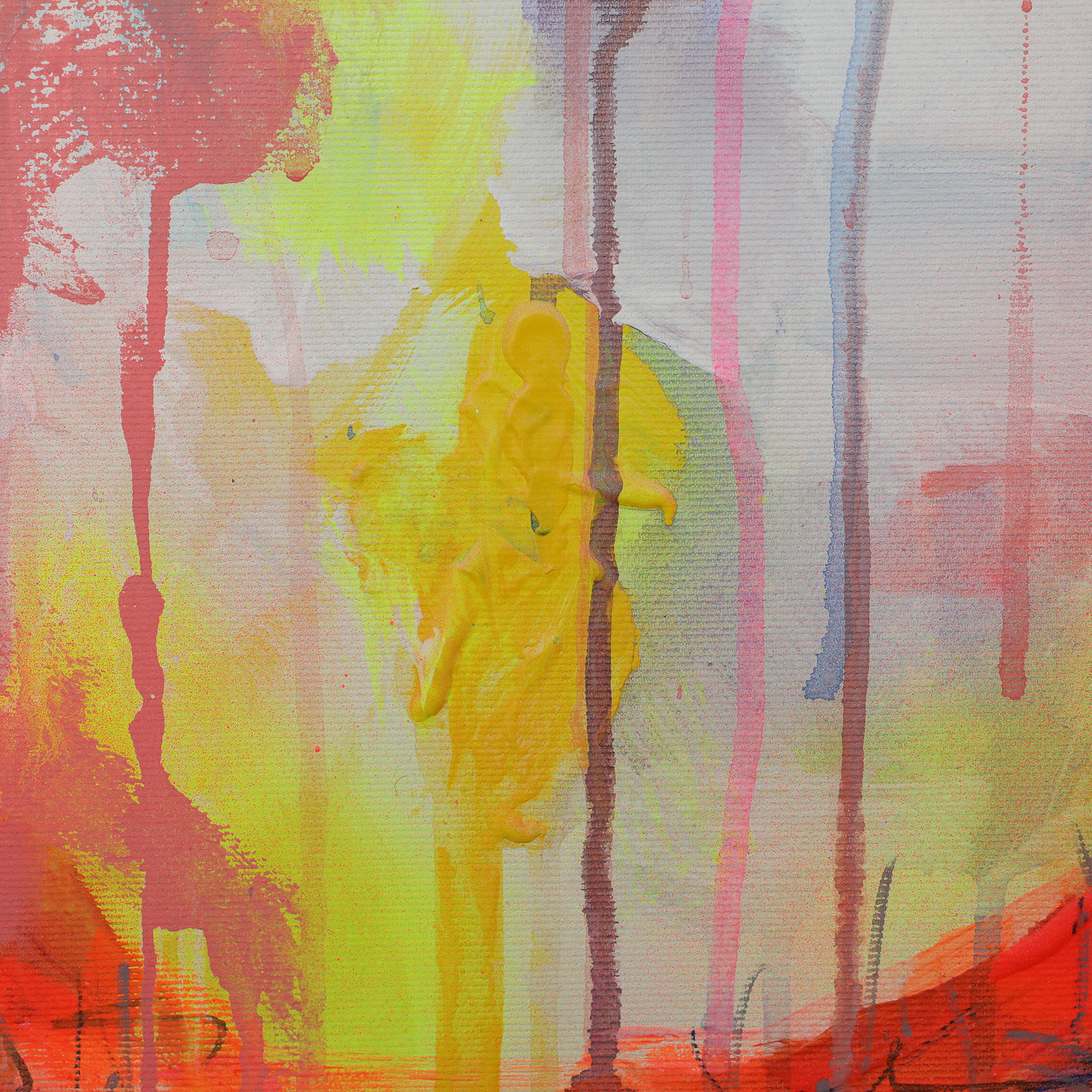 Nahaufnahme Gemaelde neon gelb rosa orange Landschaft Meer Strand Segel Boot Berge Kleckse