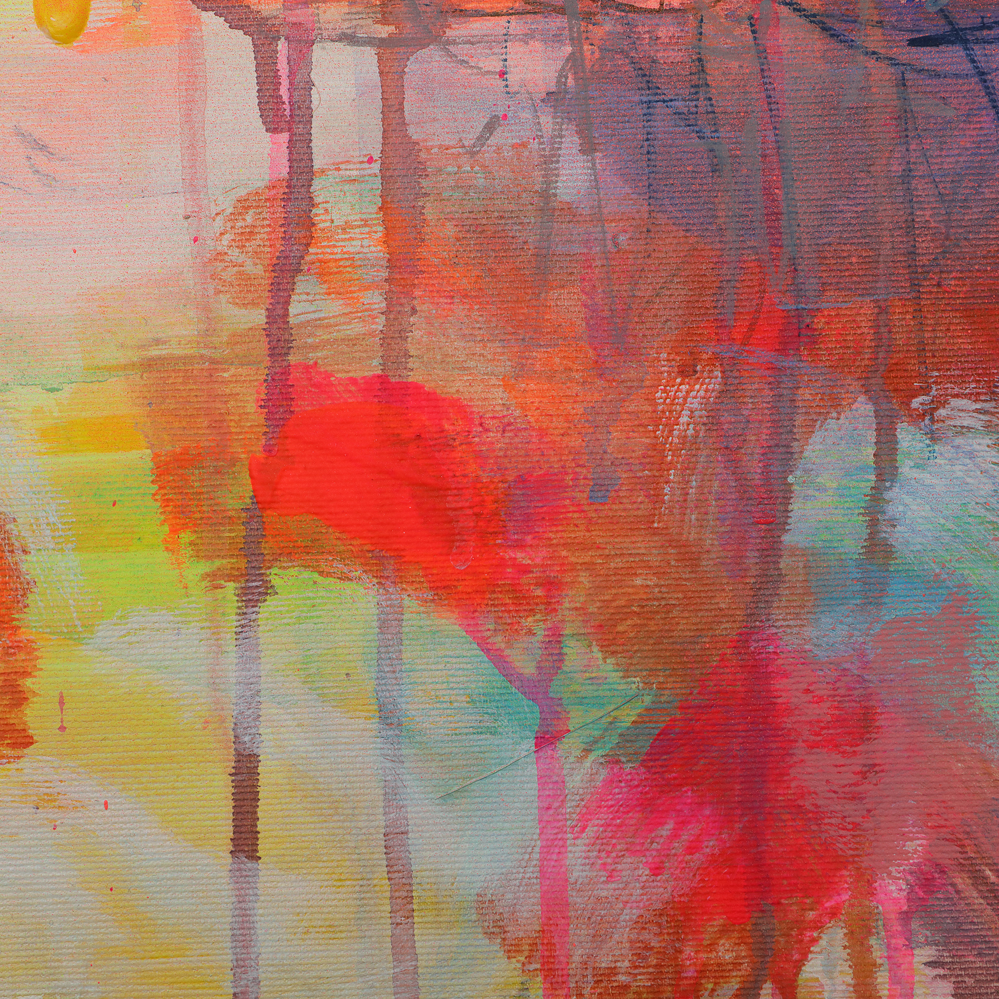 Nahaufnahme Gemaelde neon gelb rosa orange Landschaft Meer Strand Segel Boot Berge Kleckse