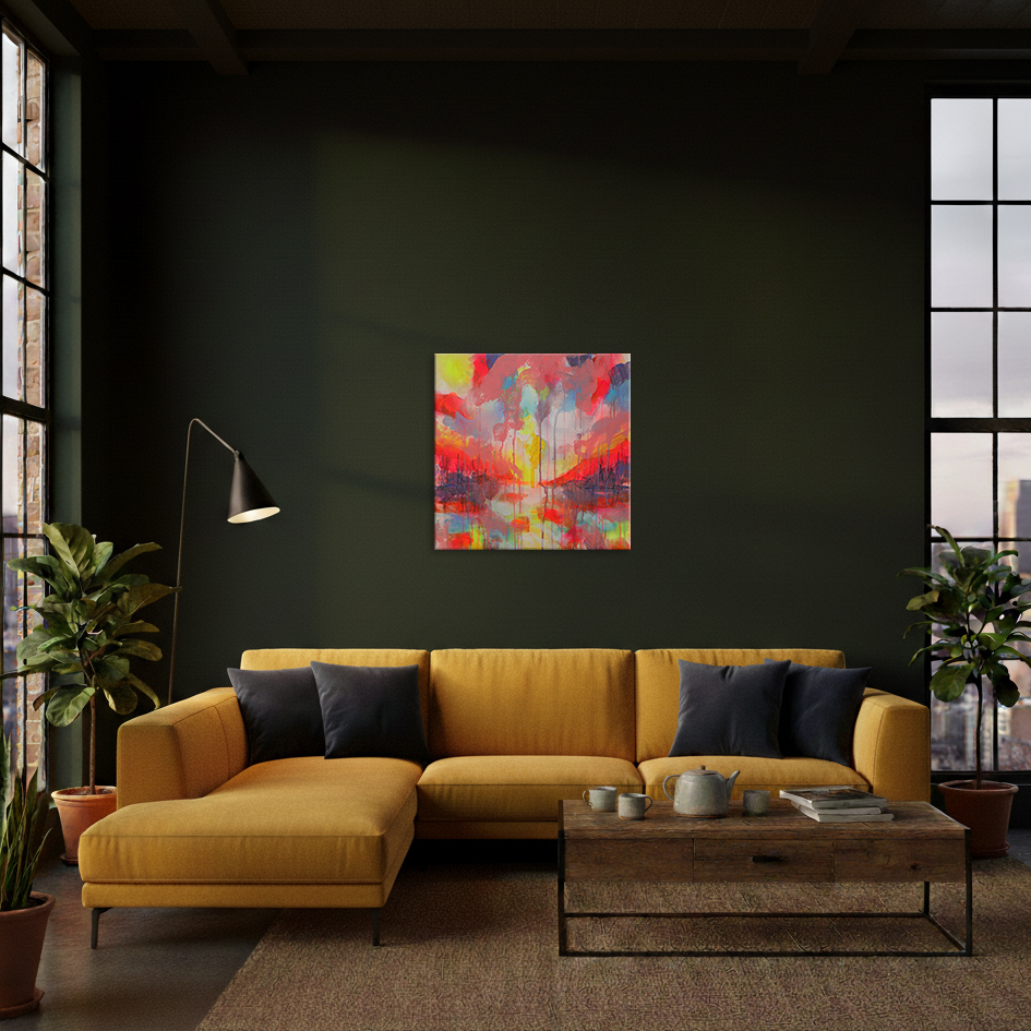 Nahaufnahme Gemaelde neon gelb rosa orange Landschaft Meer Strand Segel Boot Berge Kleckse