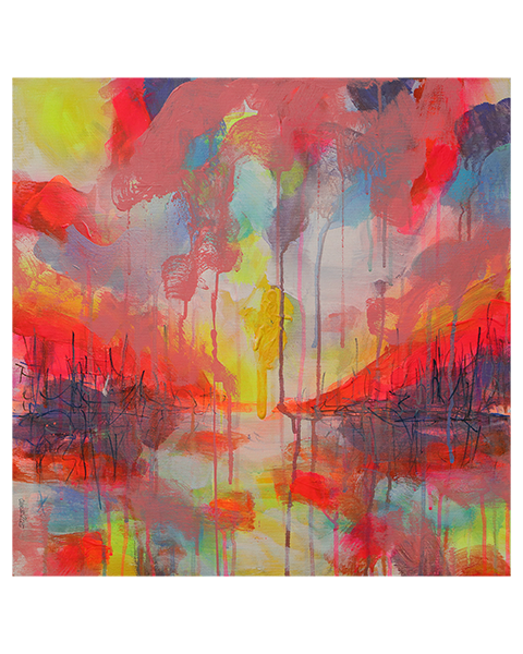Gemaelde neon gelb rosa orange Landschaft Meer Strand Segel Boot Berge Kleckse