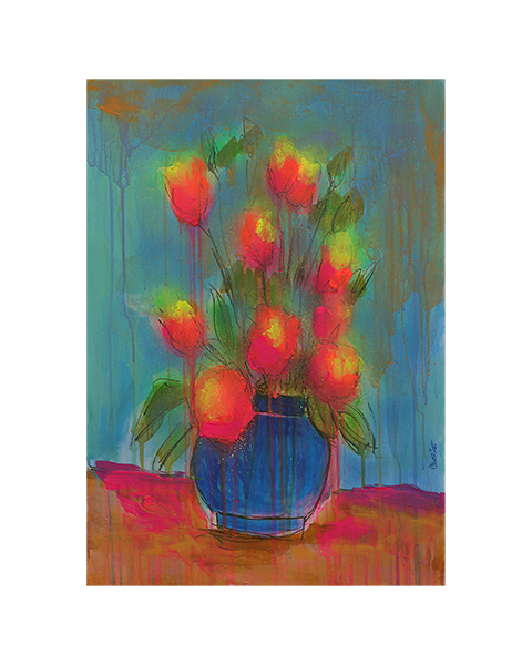Gemaelde Unikat Blumen Strauss Bouquet Tulpen neon pink orange gelb hell blau