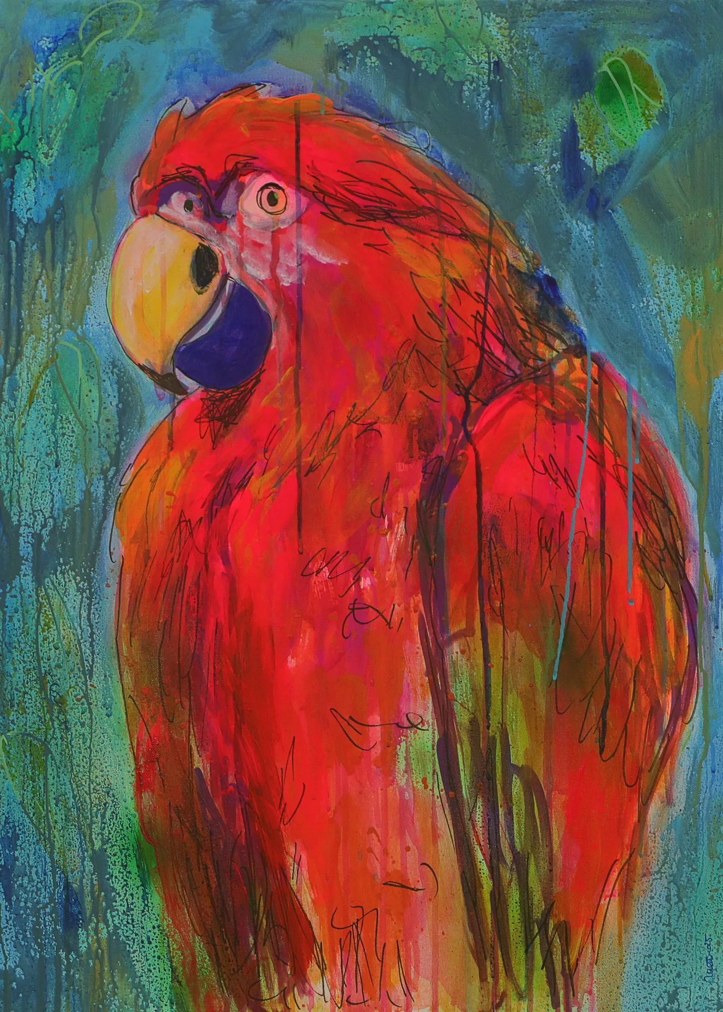 XL Wand Gemaelde Bild Vogel Papagei neon rot blau abstrakt Tier Ara Portraet Art