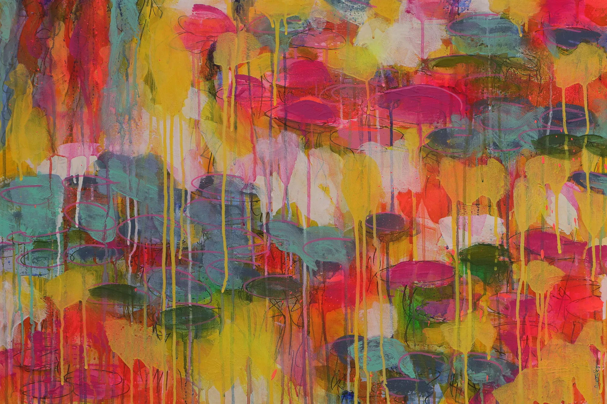 XL Gemaelde Wand Bild Deko Teich See Rosen Wasser Lilien gelb neon pink blau Art