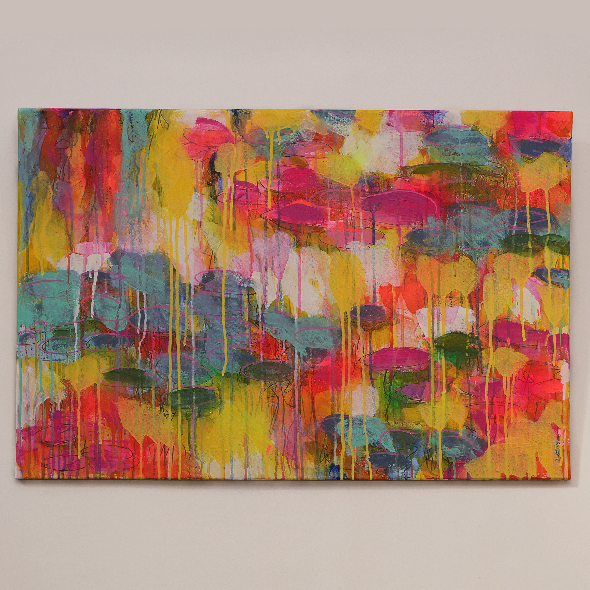 Nahaufnahme XL Gemaelde Wand Bild Deko Teich See Rosen Wasser Lilien gelb neon pink blau Art