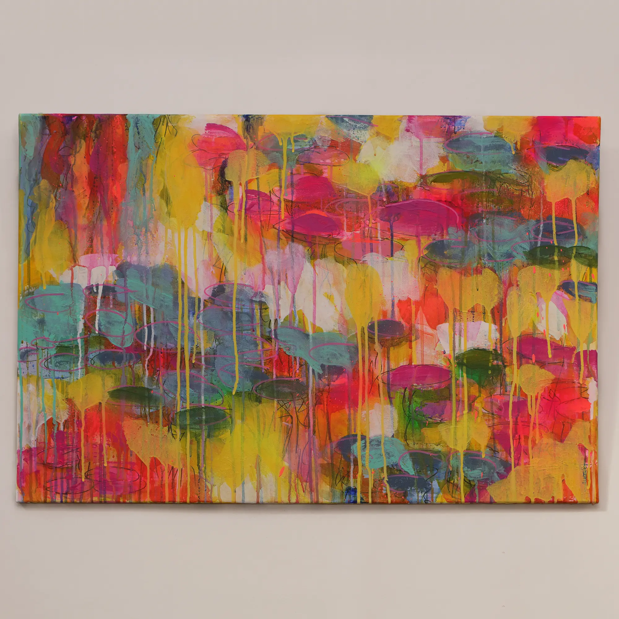 Nahaufnahme XL Gemaelde Wand Bild Deko Teich See Rosen Wasser Lilien gelb neon pink blau Art