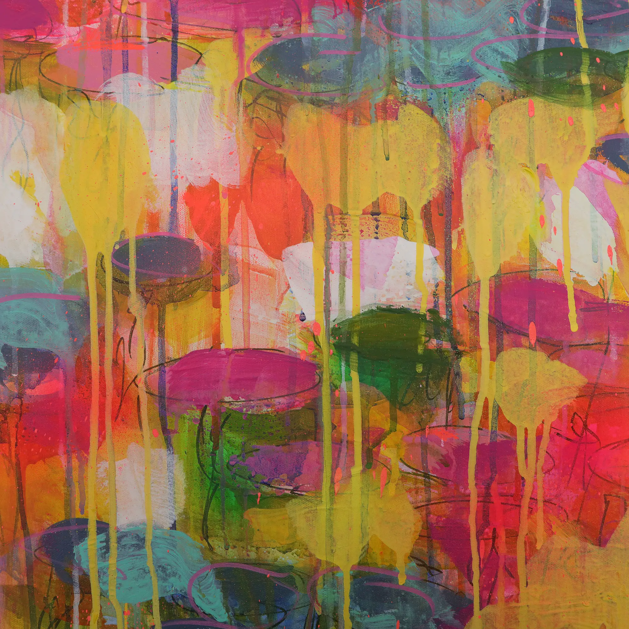 Nahaufnahme XL Gemaelde Wand Bild Deko Teich See Rosen Wasser Lilien gelb neon pink blau Art