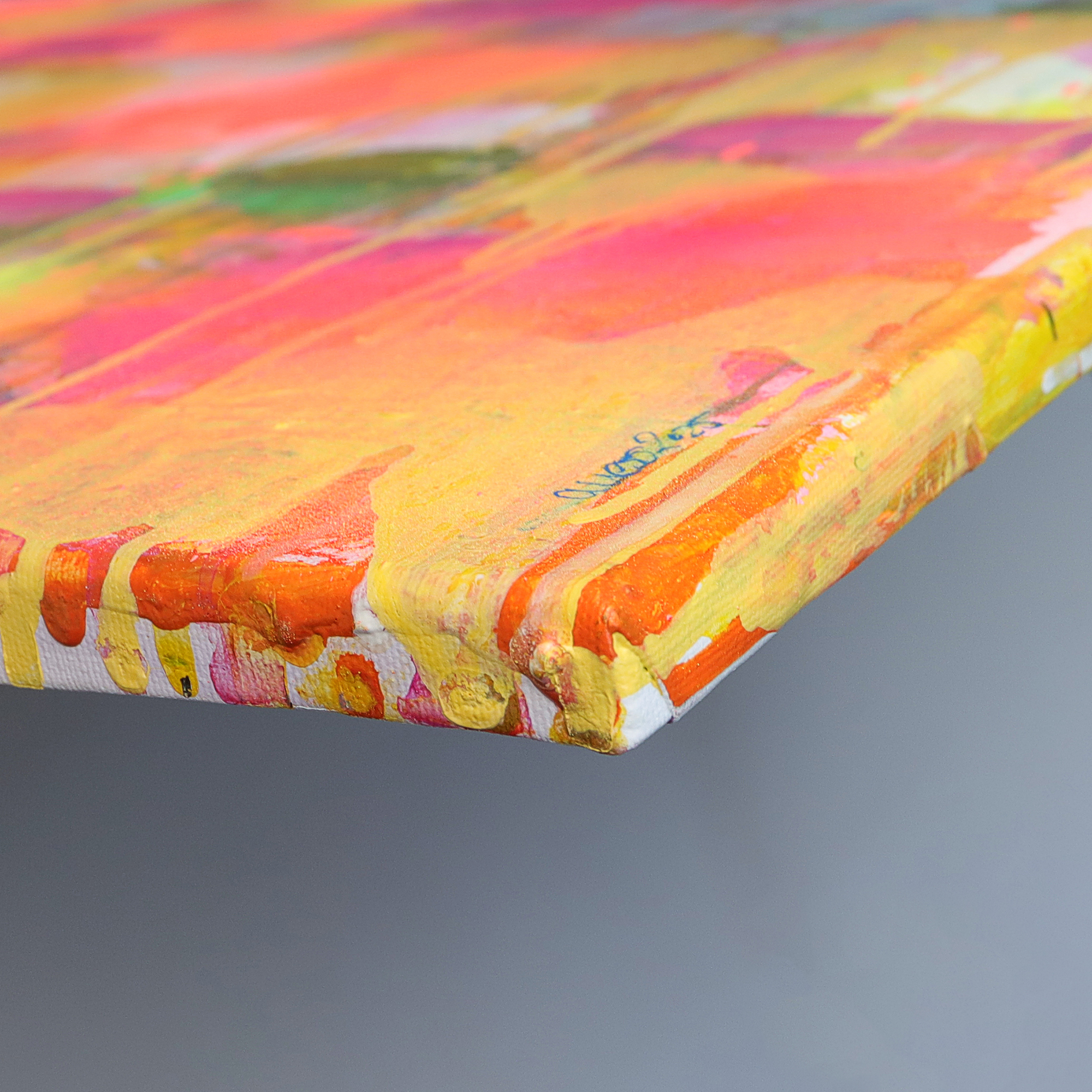 Nahaufnahme XL Gemaelde Wand Bild Deko Teich See Rosen Wasser Lilien gelb neon pink blau Art