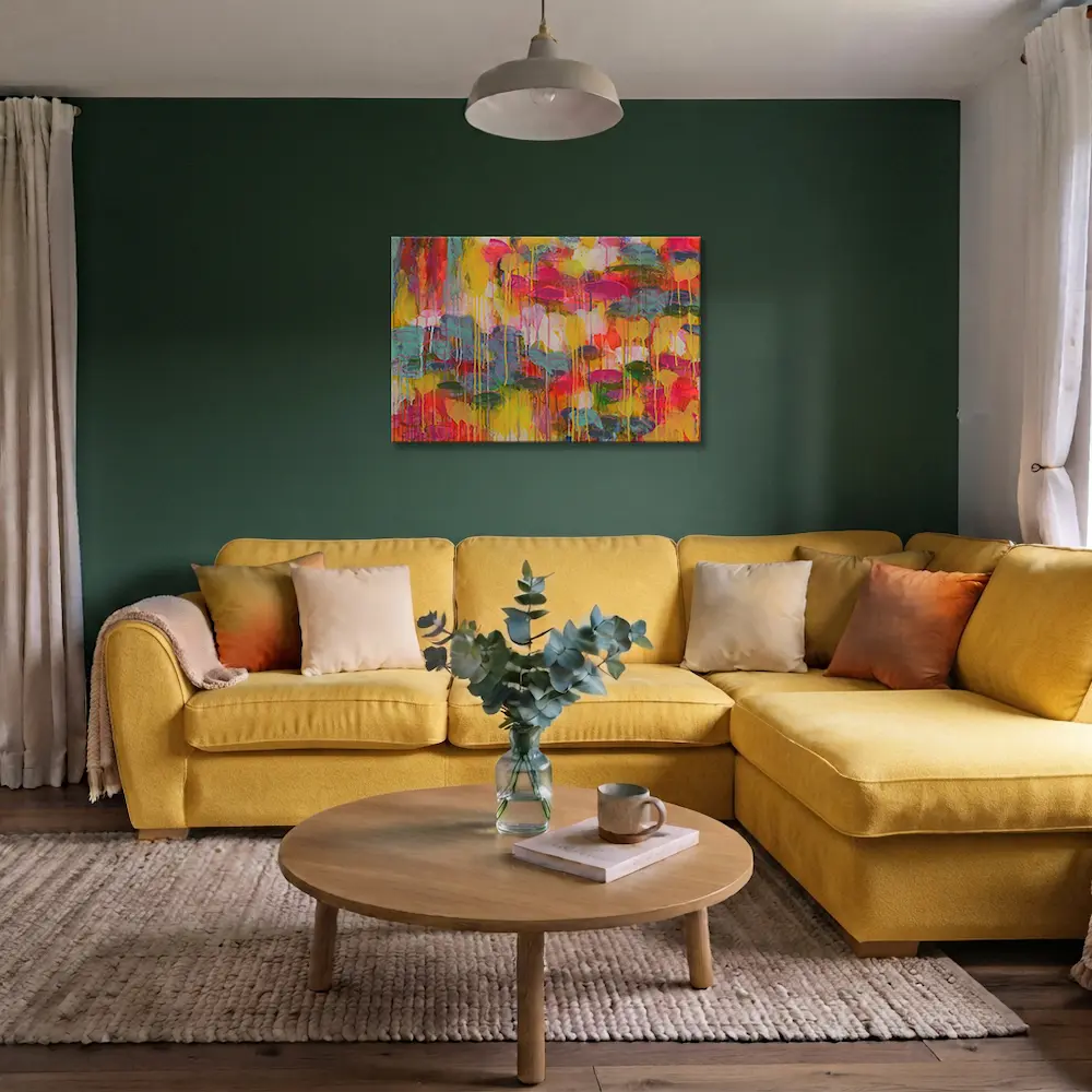 Wandbild für modernes Wohndesign XL Gemälde Wand Bild Deko Teich See Rosen Wasser Lilien gelb neon pink blau Art