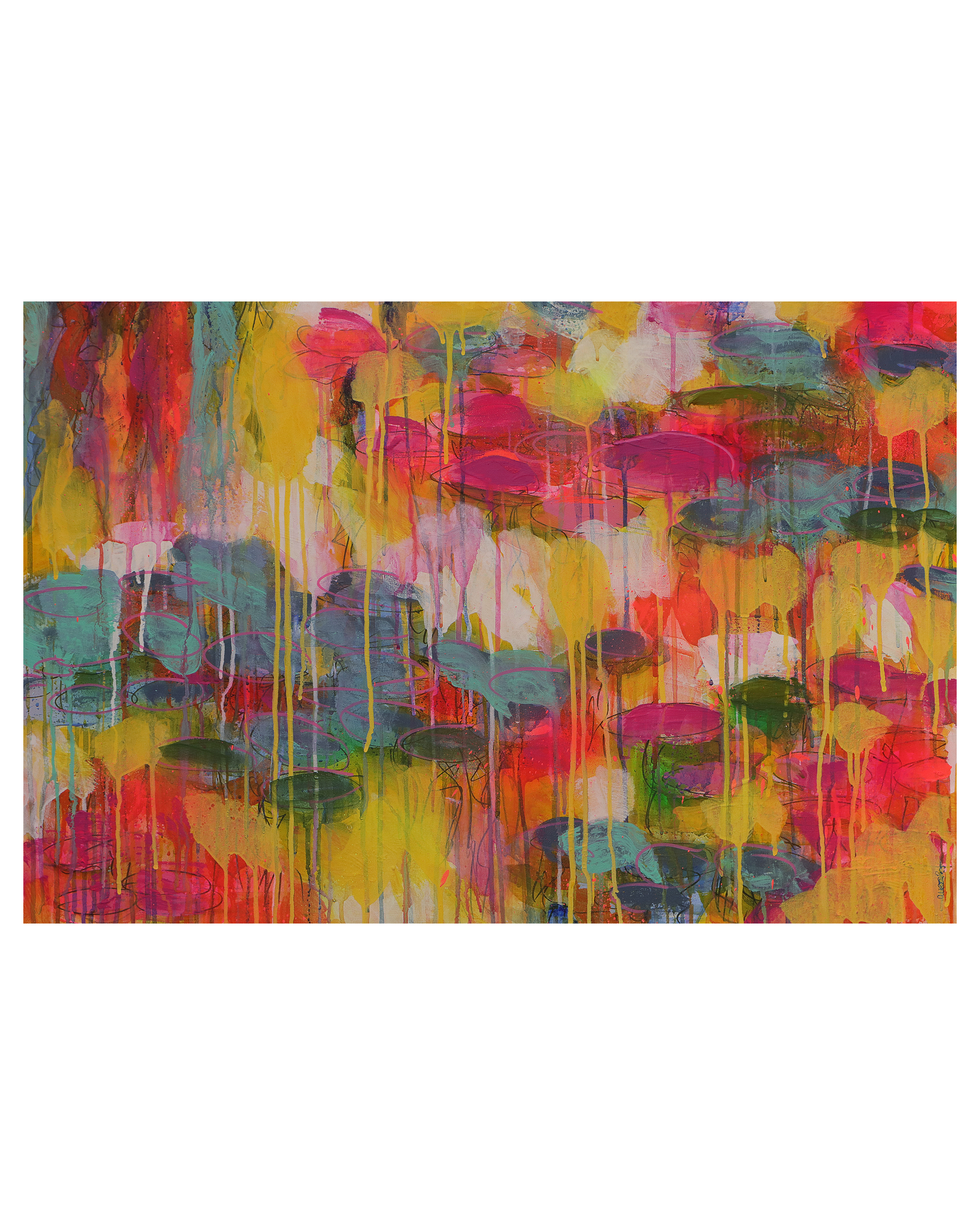 XL Gemaelde Wand Bild Deko Teich See Rosen Wasser Lilien gelb neon pink blau Art