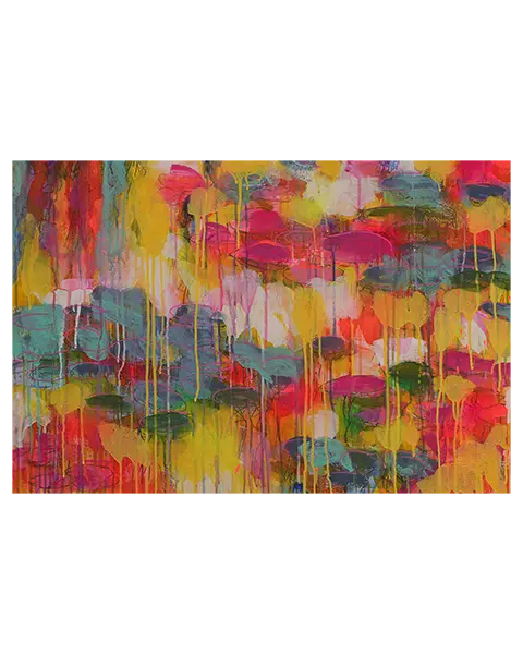 XL Gemaelde Wand Bild Deko Teich See Rosen Wasser Lilien gelb neon pink blau Art