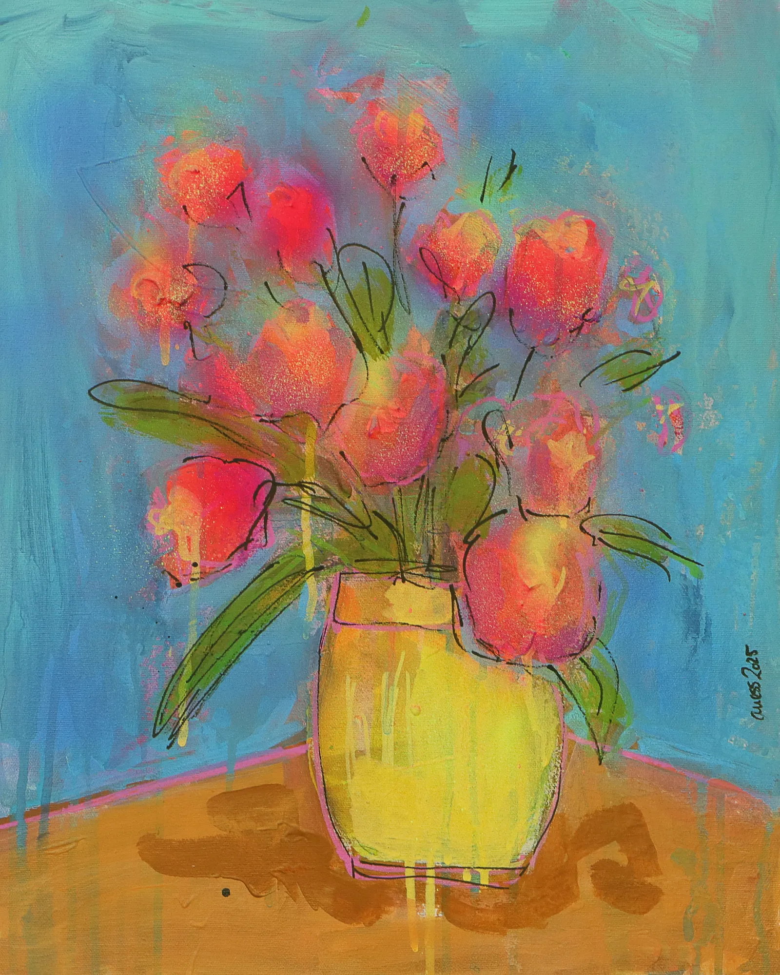 echtes Gemälde Bild XS mini klein neon pink gelb Blumen Strauss Bouquet blau