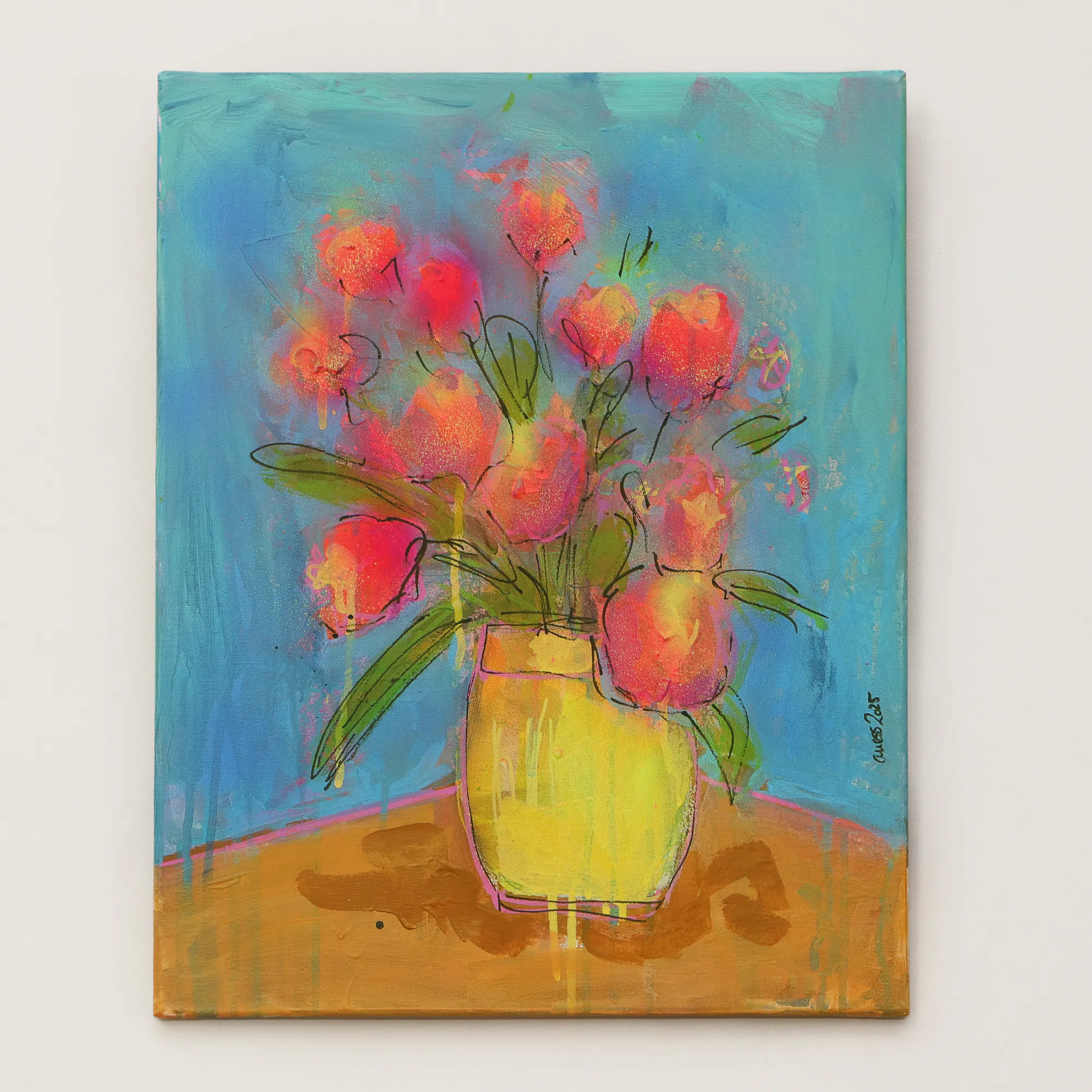 Nahaufnahme echtes Gemälde Bild XS mini klein neon pink gelb Blumen Strauss Bouquet blau