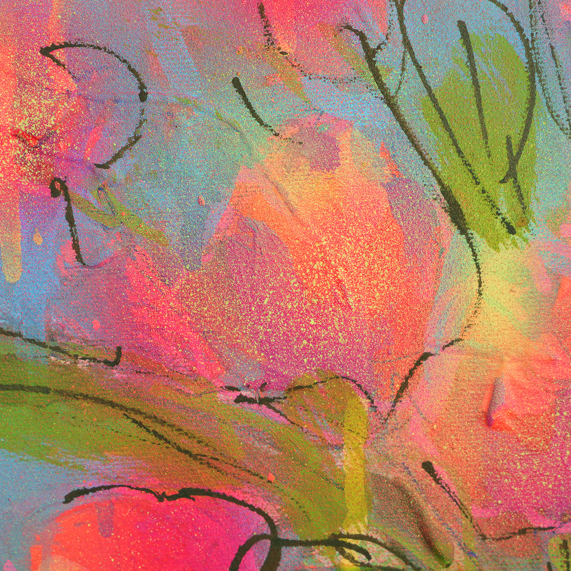 Nahaufnahme echtes Gemälde Bild XS mini klein neon pink gelb Blumen Strauss Bouquet blau