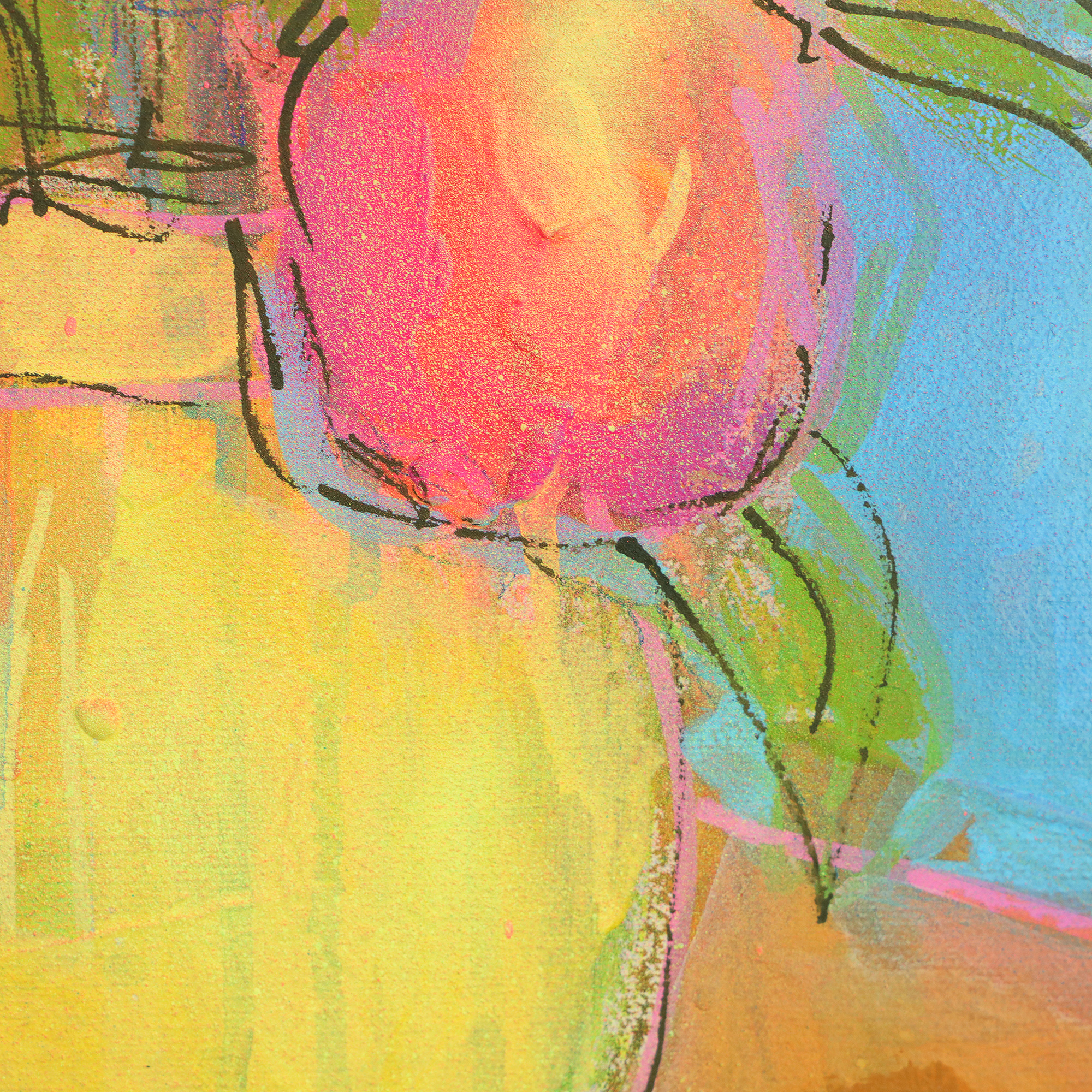 Nahaufnahme echtes Gemälde Bild XS mini klein neon pink gelb Blumen Strauss Bouquet blau