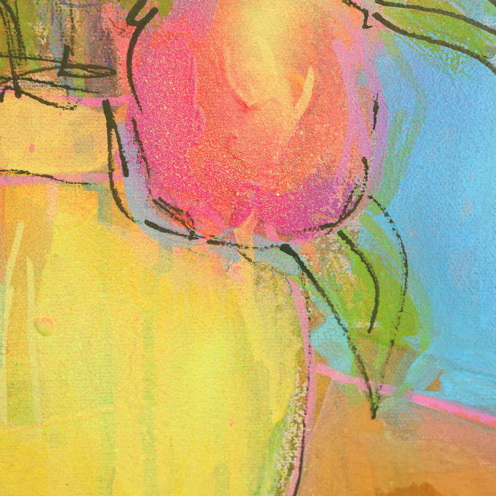 Nahaufnahme echtes Gemälde Bild XS mini klein neon pink gelb Blumen Strauss Bouquet blau