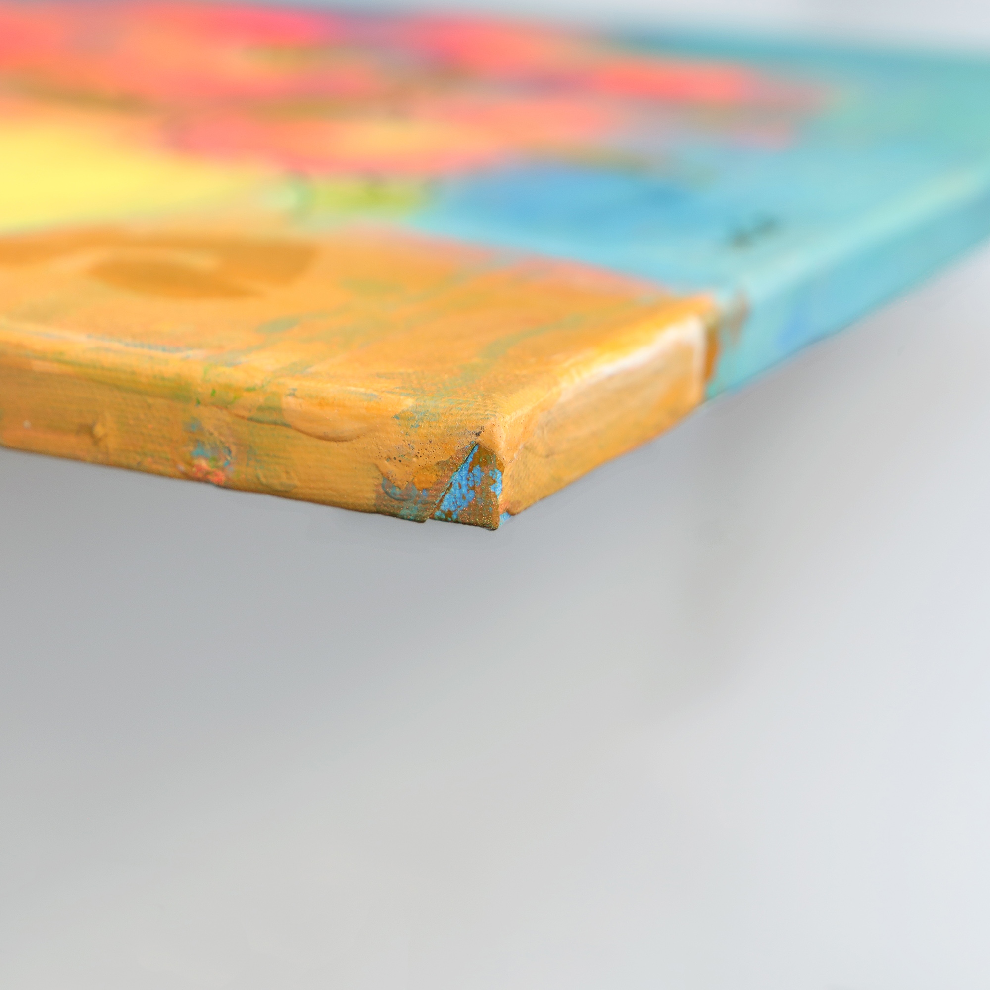 Nahaufnahme echtes Gemälde Bild XS mini klein neon pink gelb Blumen Strauss Bouquet blau