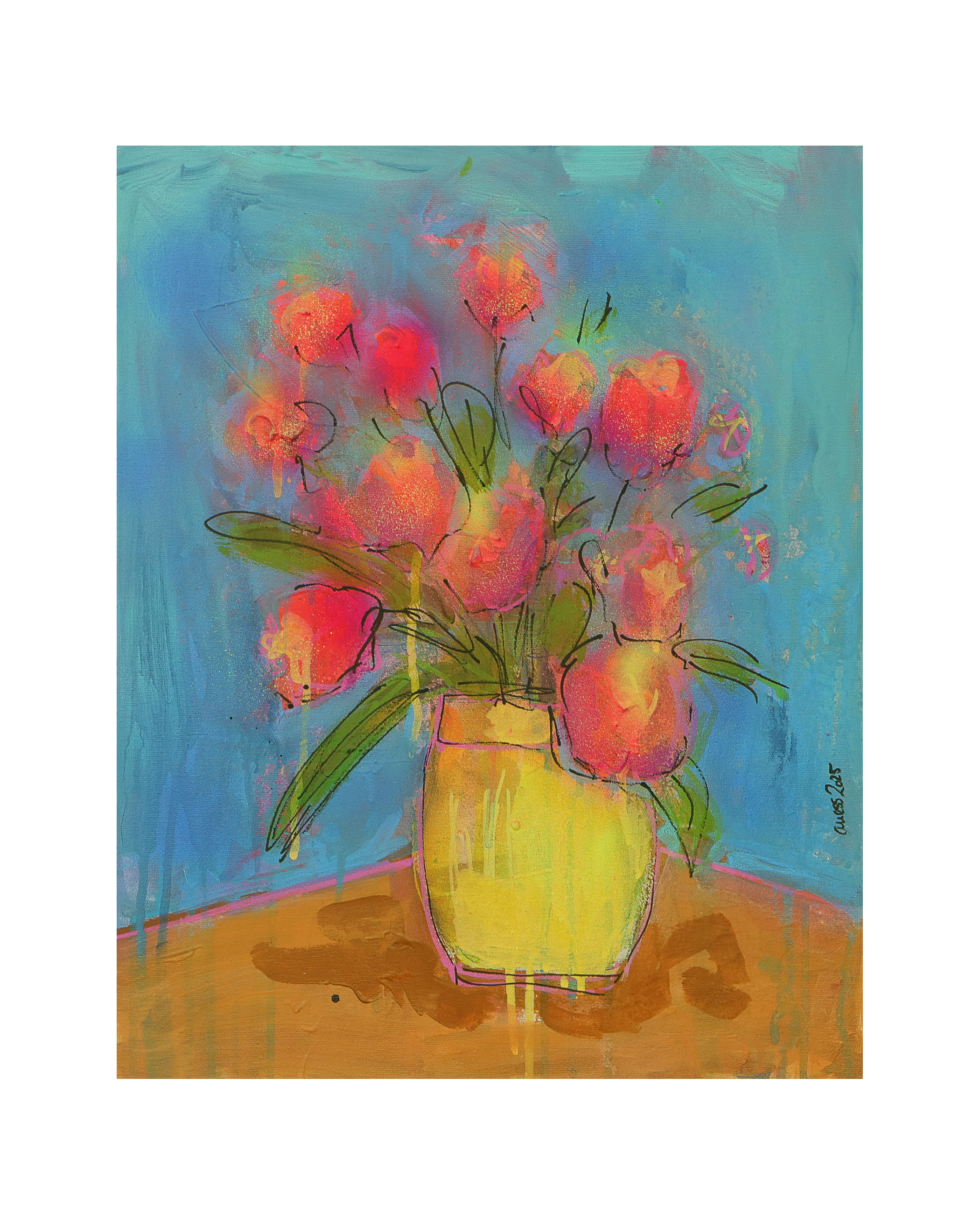 echtes Gemaelde Bild XS mini klein neon pink gelb Blumen Strauss Bouquet blau
