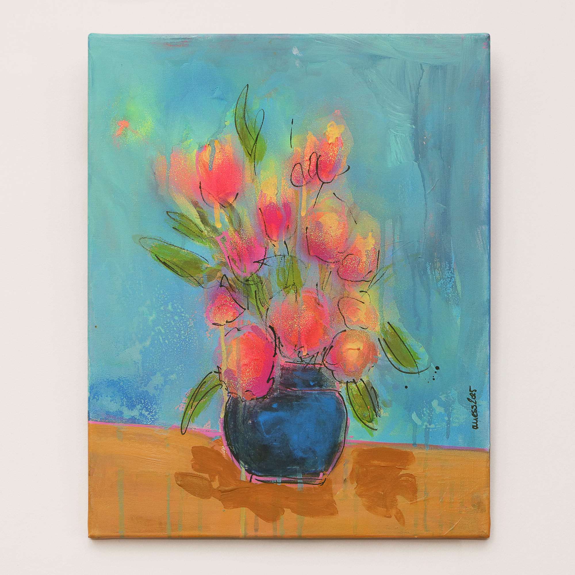 Nahaufnahme echtes Gemälde Bild XS mini klein neon pink gelb Blumen Strauss Bouquet blau