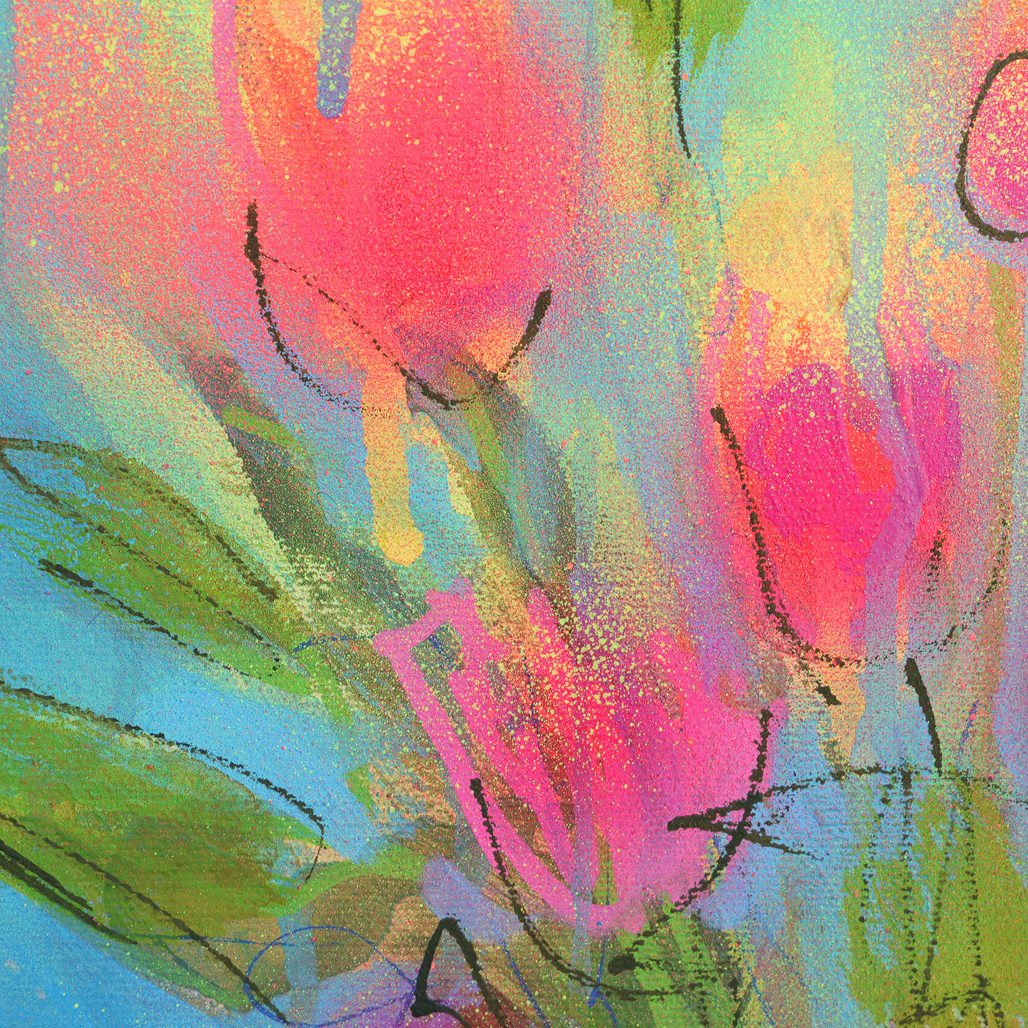 Nahaufnahme echtes Gemälde Bild XS mini klein neon pink gelb Blumen Strauss Bouquet blau