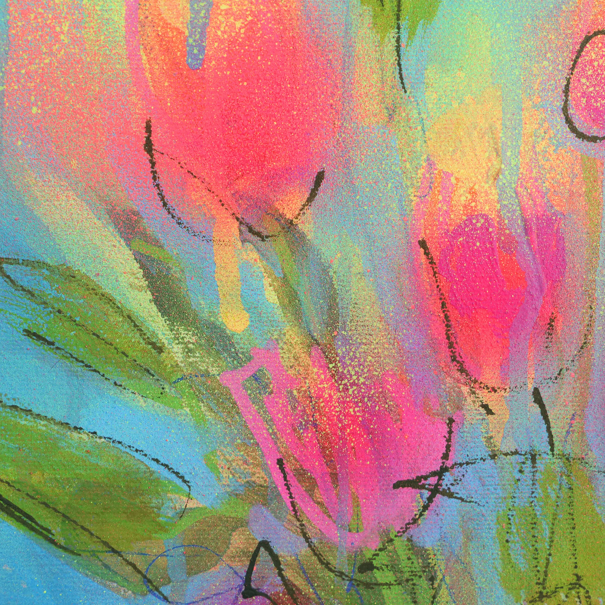 Nahaufnahme echtes Gemälde Bild XS mini klein neon pink gelb Blumen Strauss Bouquet blau