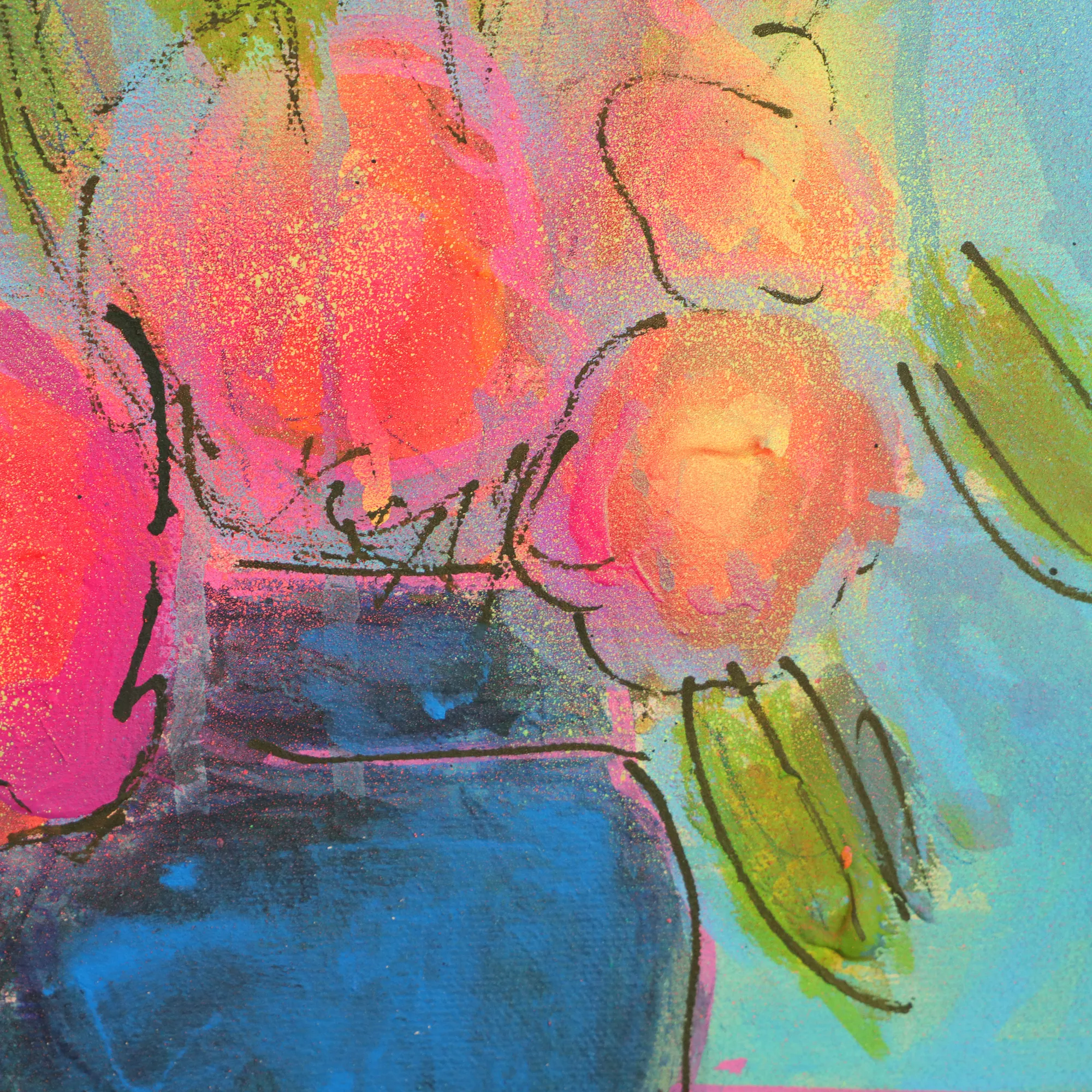 Nahaufnahme echtes Gemälde Bild XS mini klein neon pink gelb Blumen Strauss Bouquet blau