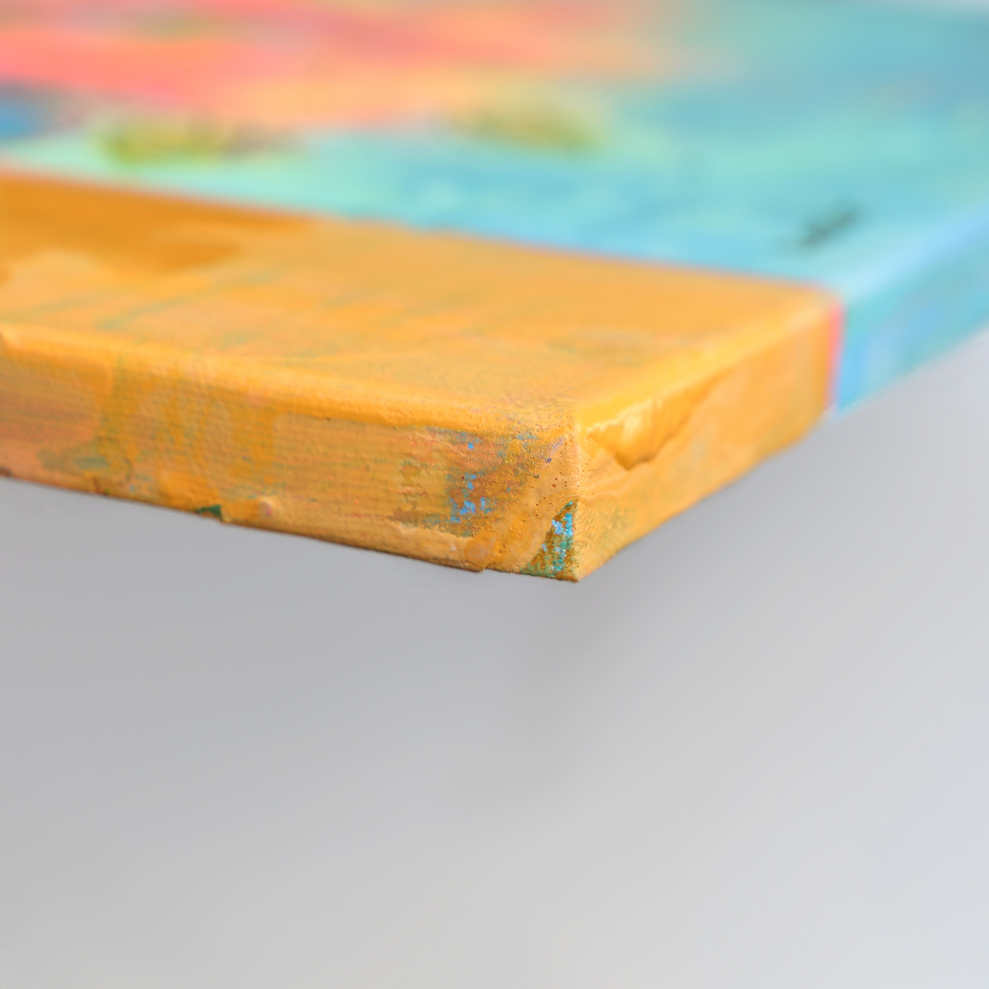 Nahaufnahme echtes Gemälde Bild XS mini klein neon pink gelb Blumen Strauss Bouquet blau