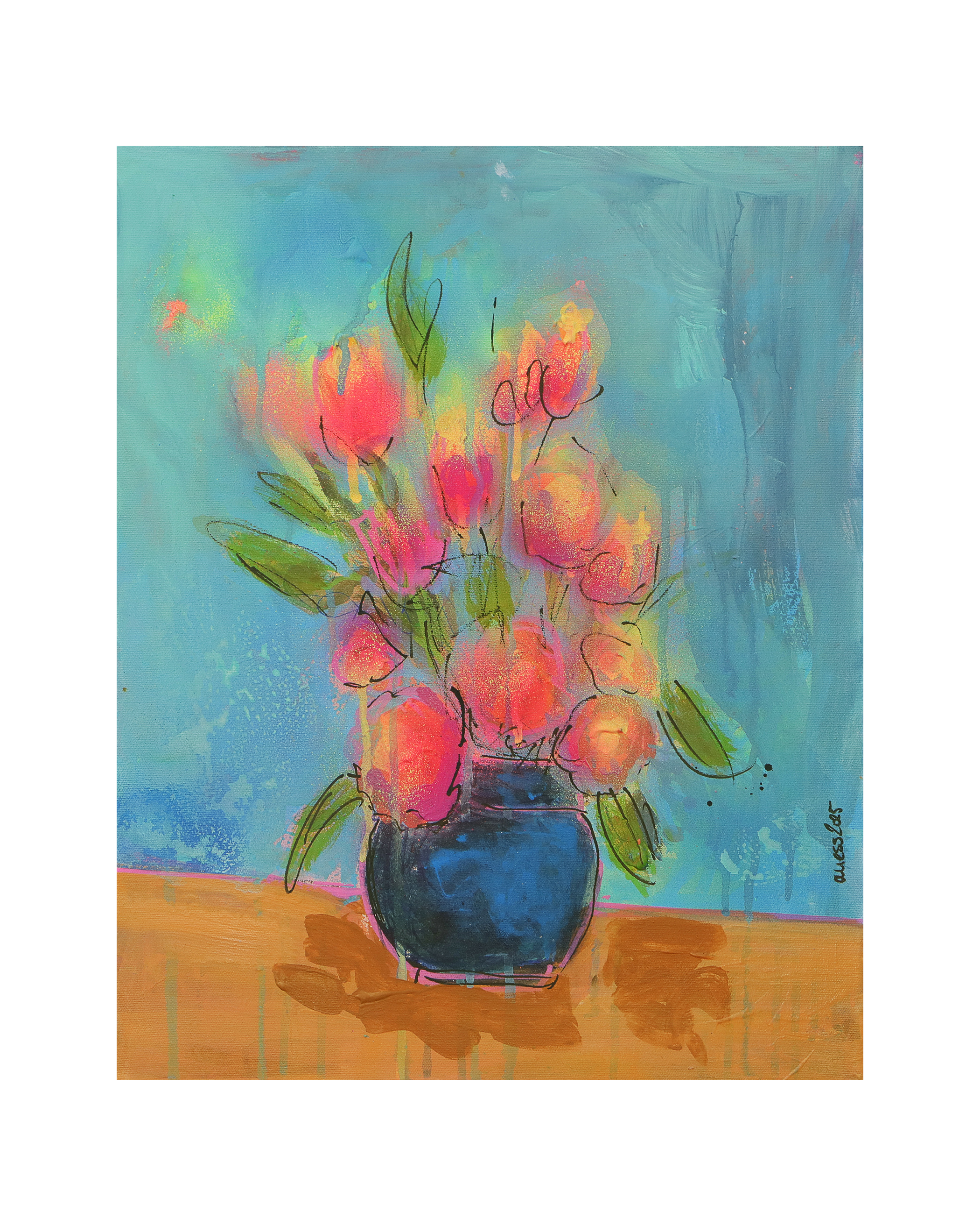 echtes Gemaelde Bild XS mini klein neon pink gelb Blumen Strauss Bouquet blau
