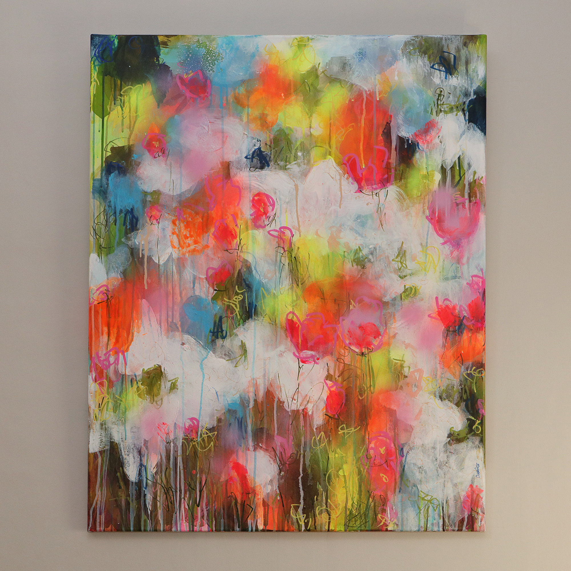 Nahaufnahme Gemaelde Bild XXL gross neon abstrakt weiss Blumen Wiese Garten Feld Landschaft