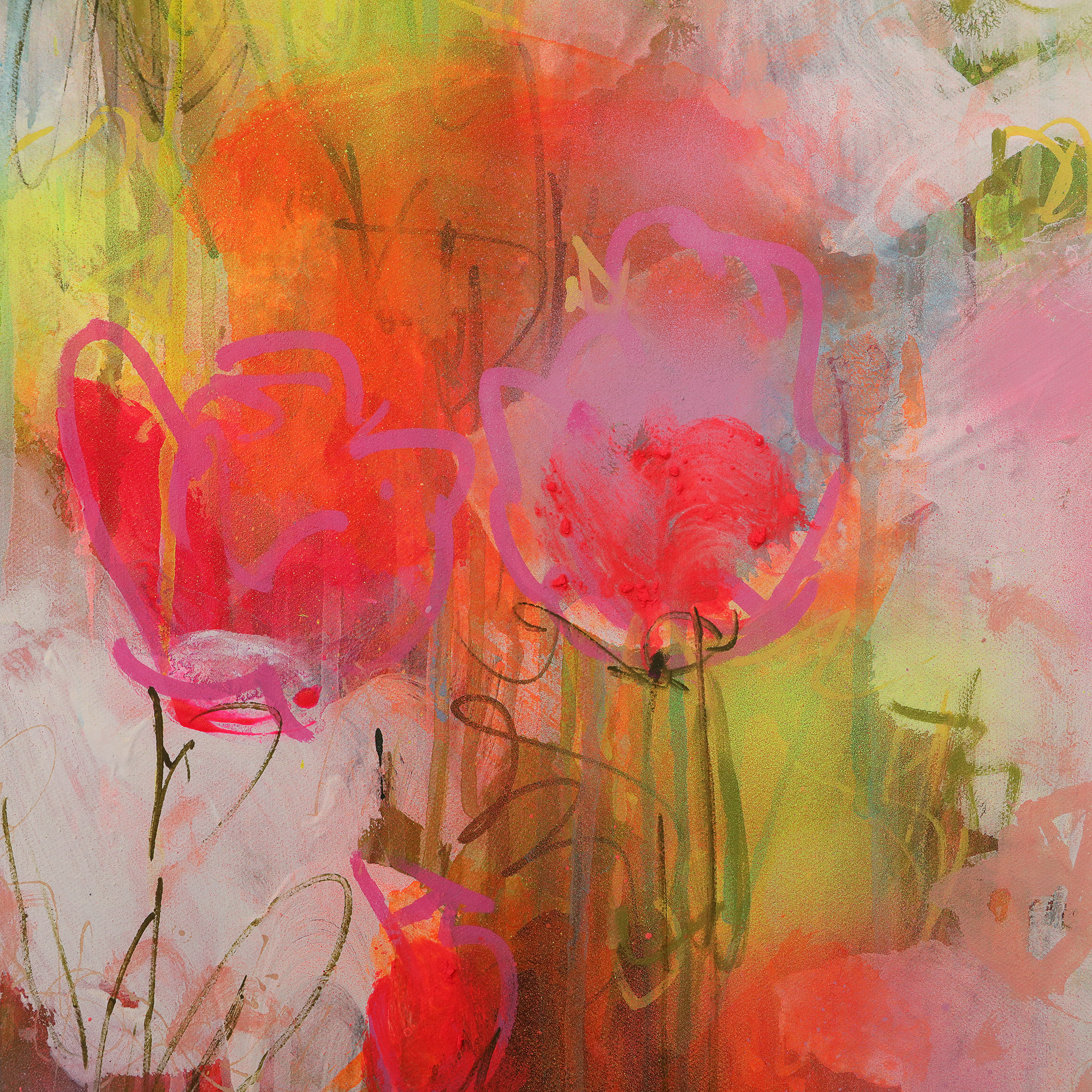 Nahaufnahme Gemaelde Bild XXL gross neon abstrakt weiss Blumen Wiese Garten Feld Landschaft