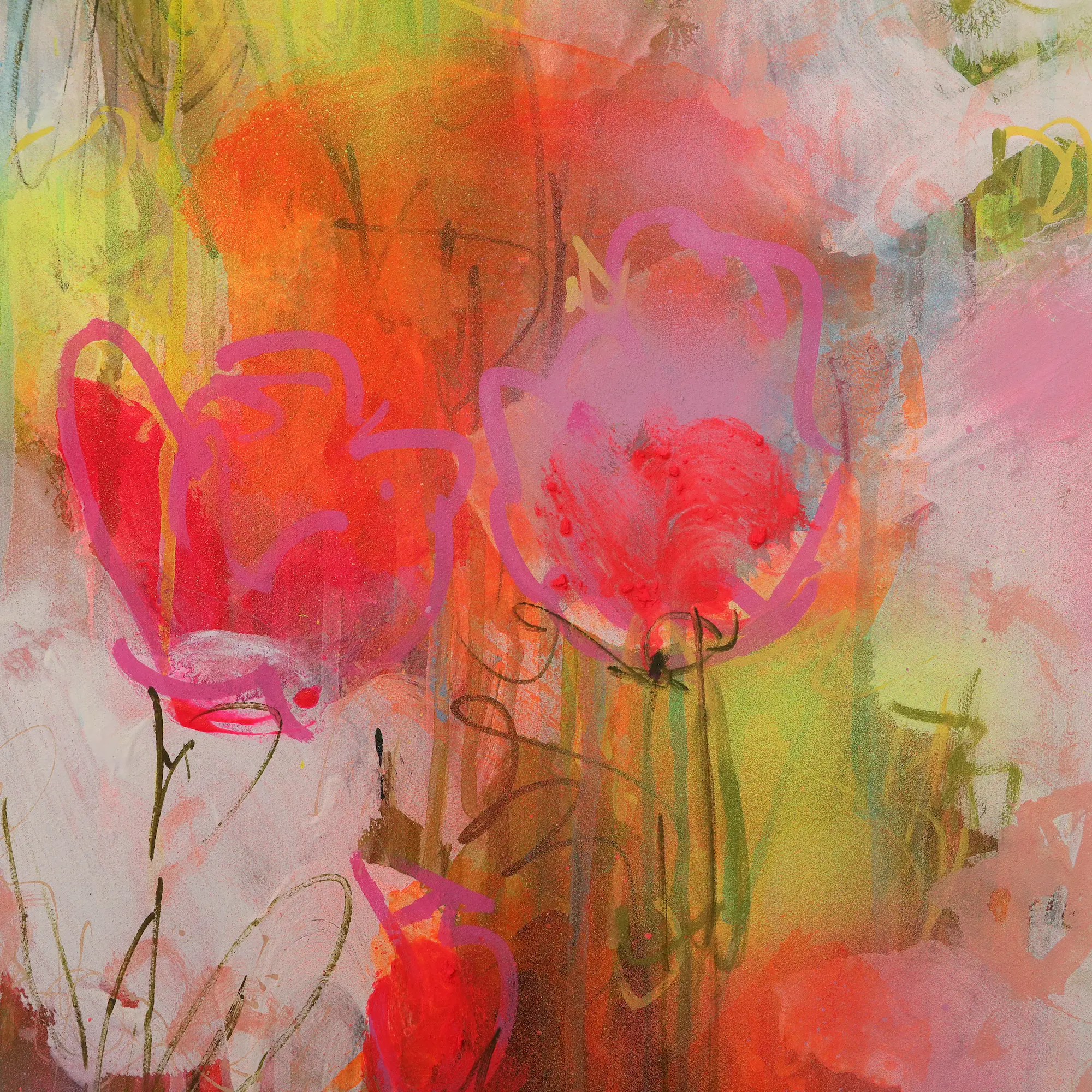 Nahaufnahme Gemaelde Bild XXL gross neon abstrakt weiss Blumen Wiese Garten Feld Landschaft