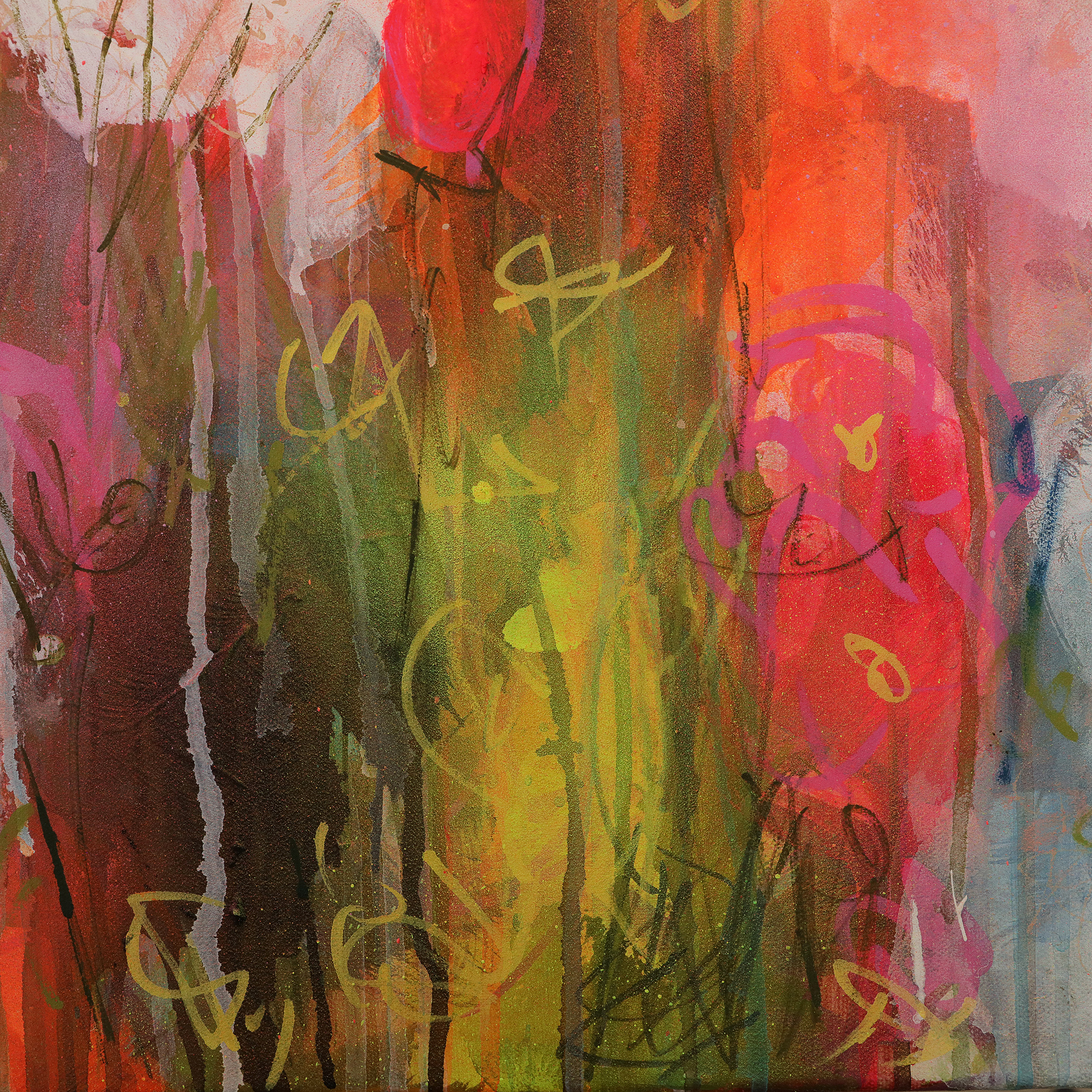 Nahaufnahme Gemaelde Bild XXL gross neon abstrakt weiss Blumen Wiese Garten Feld Landschaft