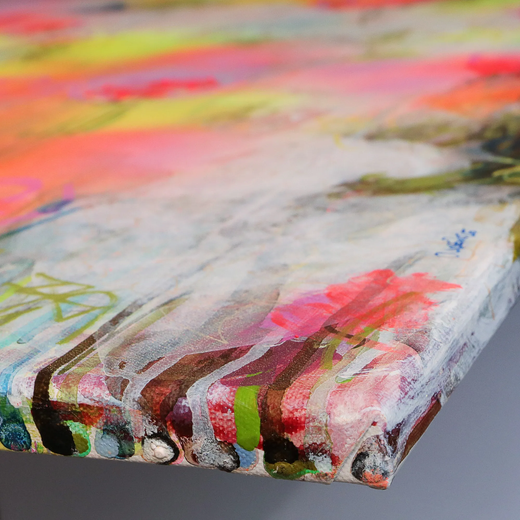 Nahaufnahme Gemaelde Bild XXL gross neon abstrakt weiss Blumen Wiese Garten Feld Landschaft