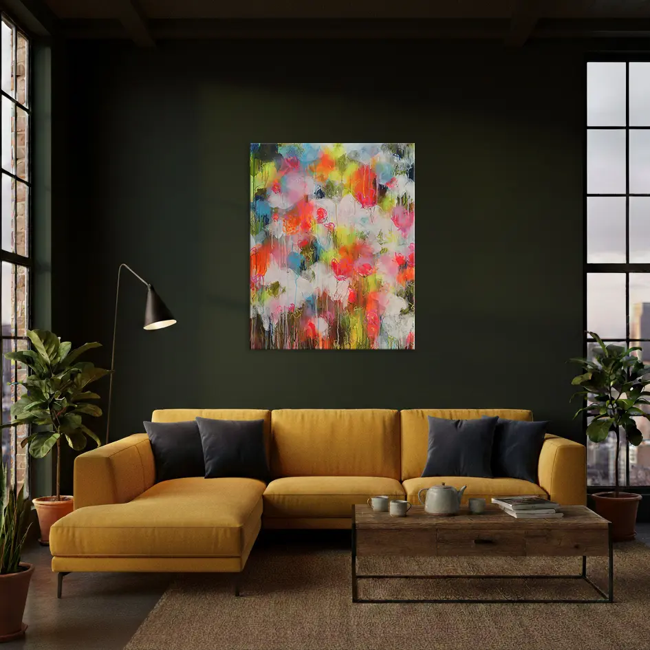 Wandbild für modernes Wohndesign Gemaelde Bild XXL gross neon abstrakt weiss Blumen Wiese Garten Feld Landschaft