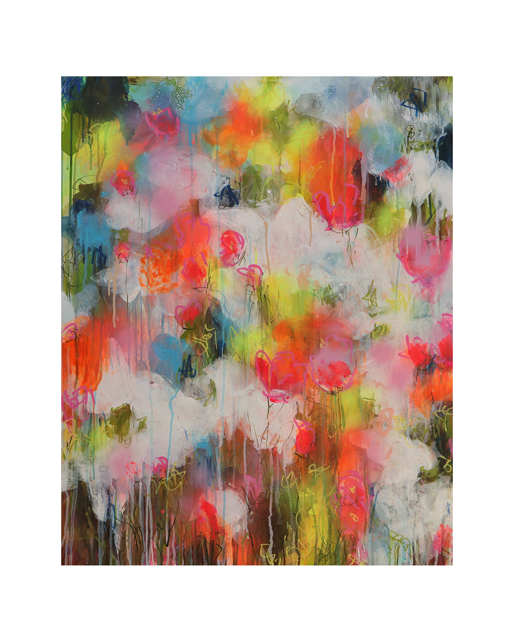 Gemaelde Bild XXL gross neon abstrakt weiss Blumen Wiese Garten Feld Landschaft