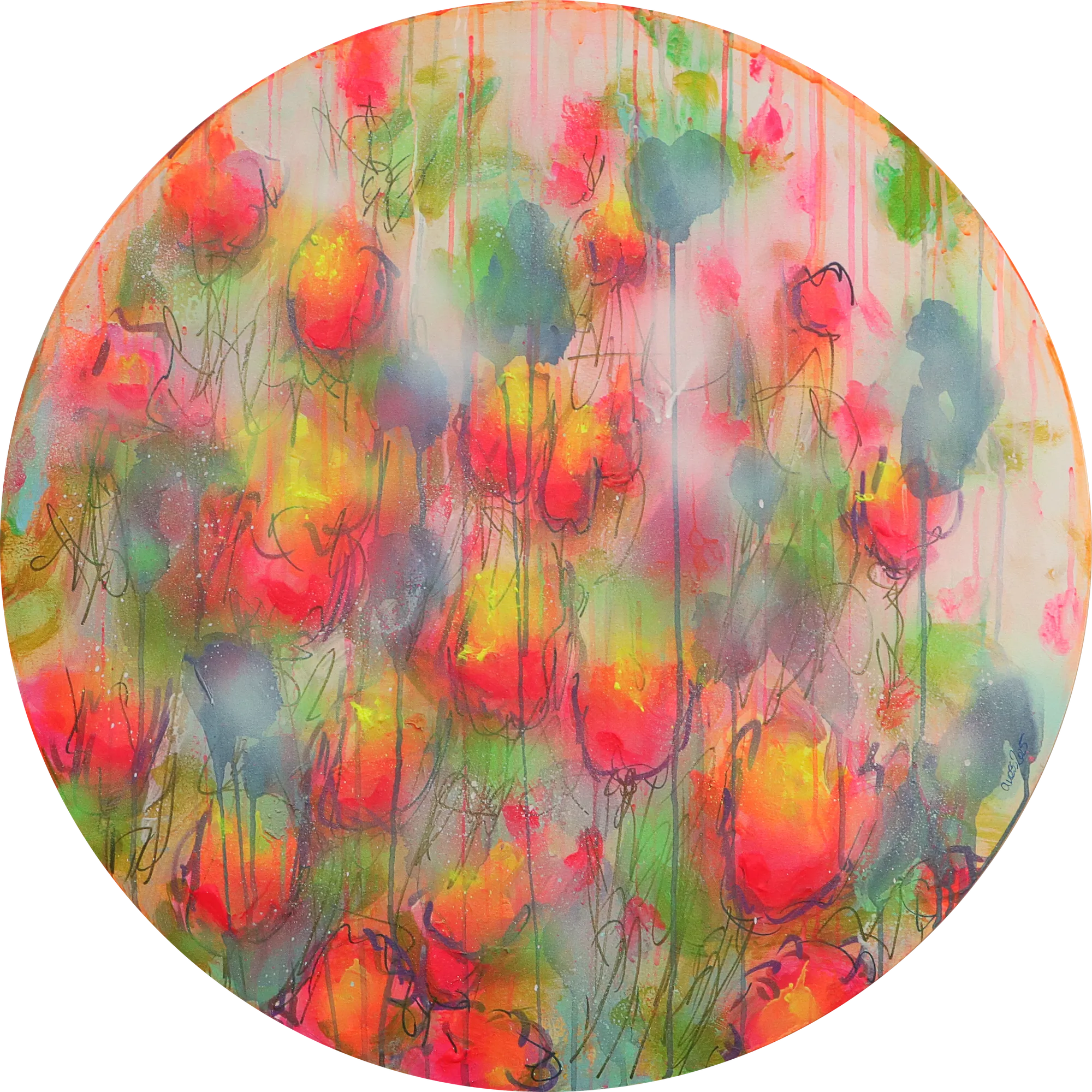 XL Gemaelde Wand Bild Deko gelb neon pink rot blau Art Blumen rund 80 cm Garten