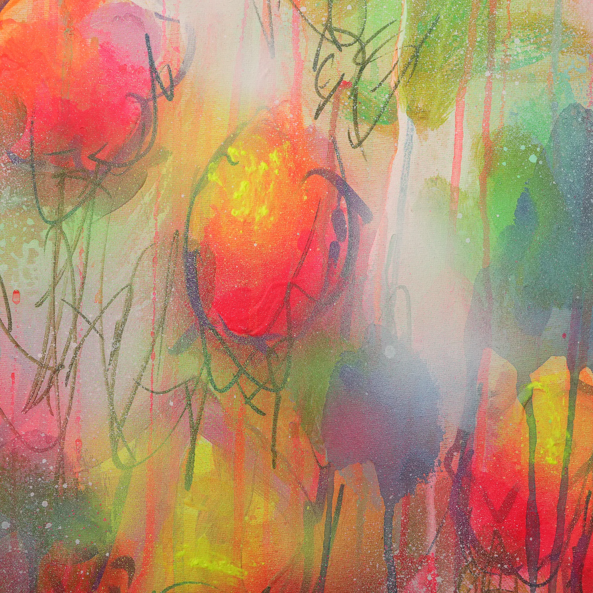 Nahaufnahme XL Gemaelde Wand Bild Deko gelb neon pink rot blau Art Blumen rund 80 cm Garten