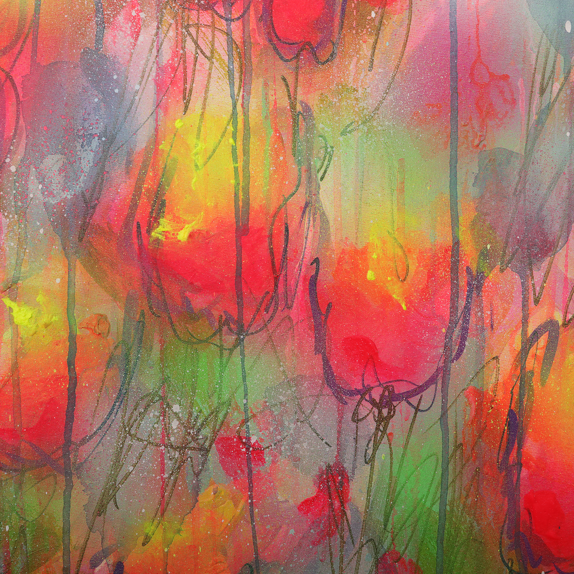 Nahaufnahme XL Gemaelde Wand Bild Deko gelb neon pink rot blau Art Blumen rund 80 cm Garten