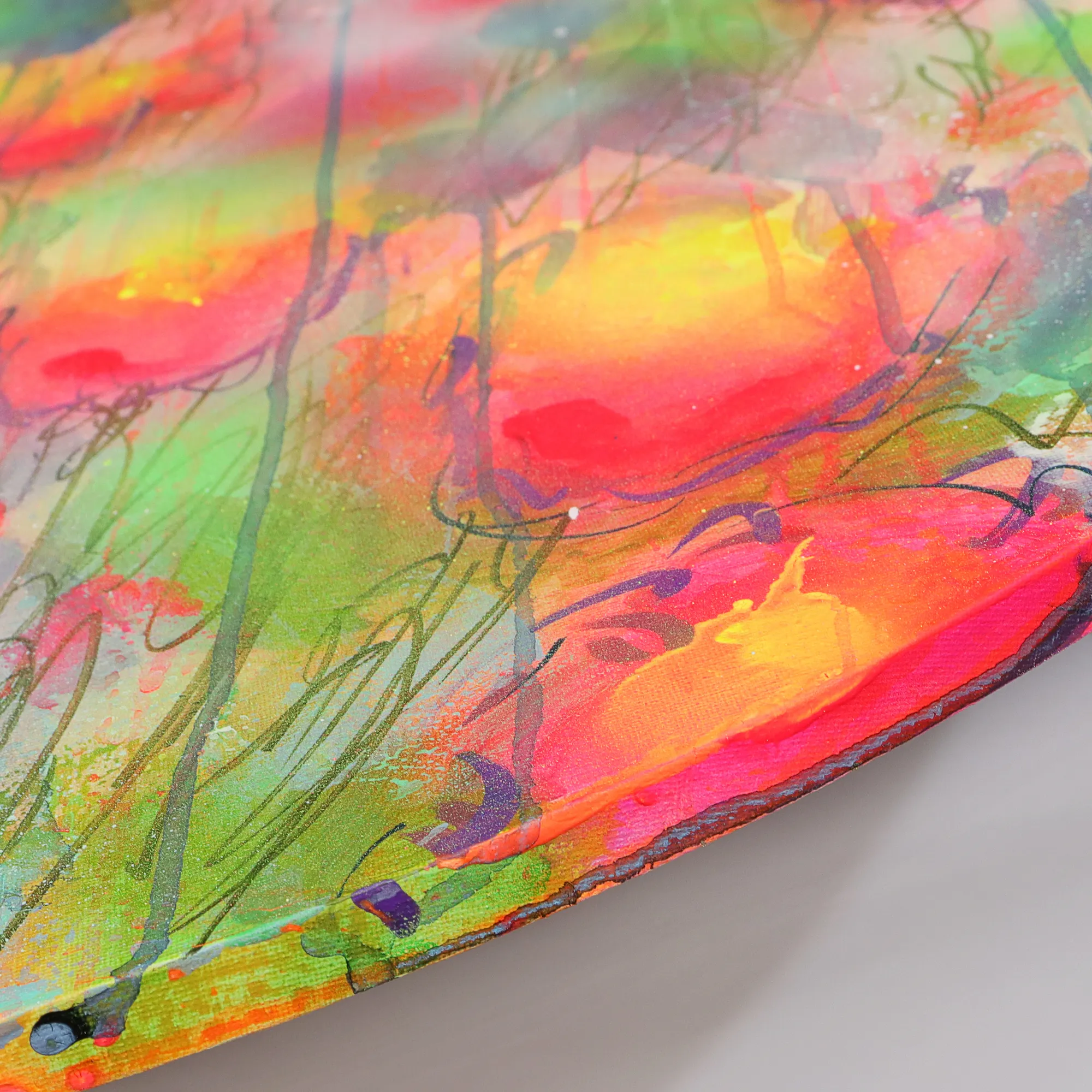 Nahaufnahme XL Gemaelde Wand Bild Deko gelb neon pink rot blau Art Blumen rund 80 cm Garten