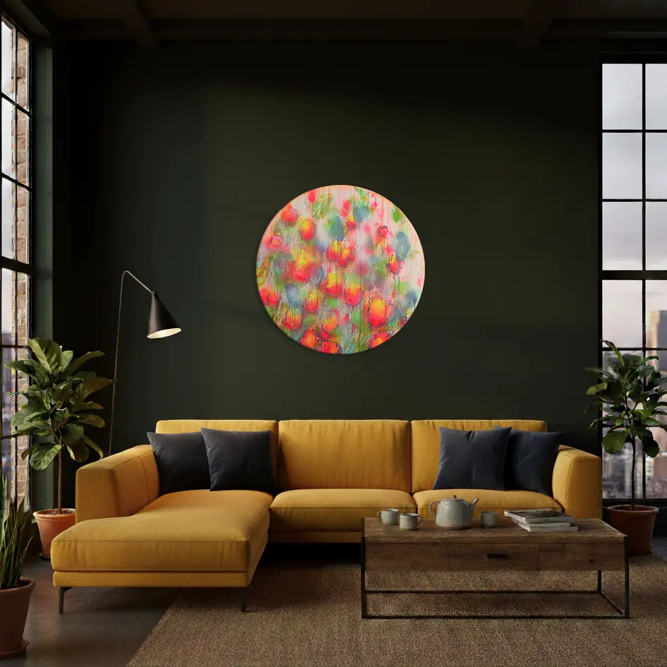 Wandbild für modernes Wohndesign XL Gemaelde Wand Bild Deko gelb neon pink rot blau Art Blumen rund 80 cm Garten