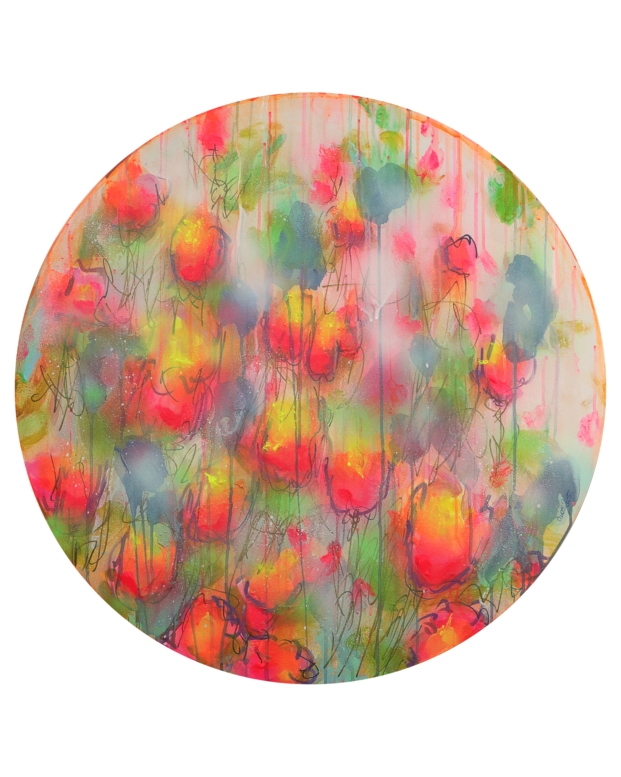 XL Gemaelde Wand Bild Deko gelb neon pink rot blau Art Blumen rund 80 cm Garten
