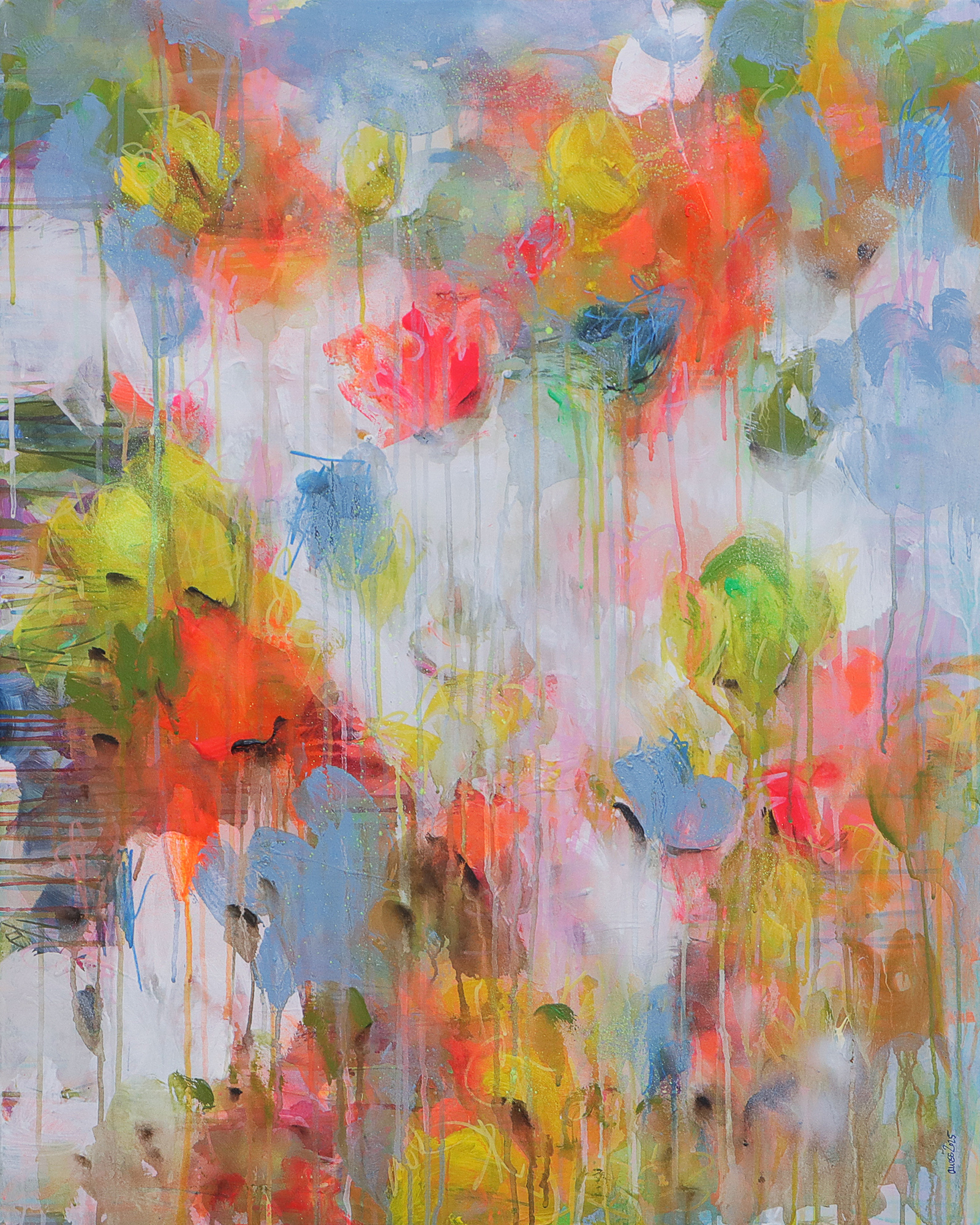 XXL Gemälde Wand Bild Deko abstrakt neon orange weiss Blumen 80x100 cm Garten